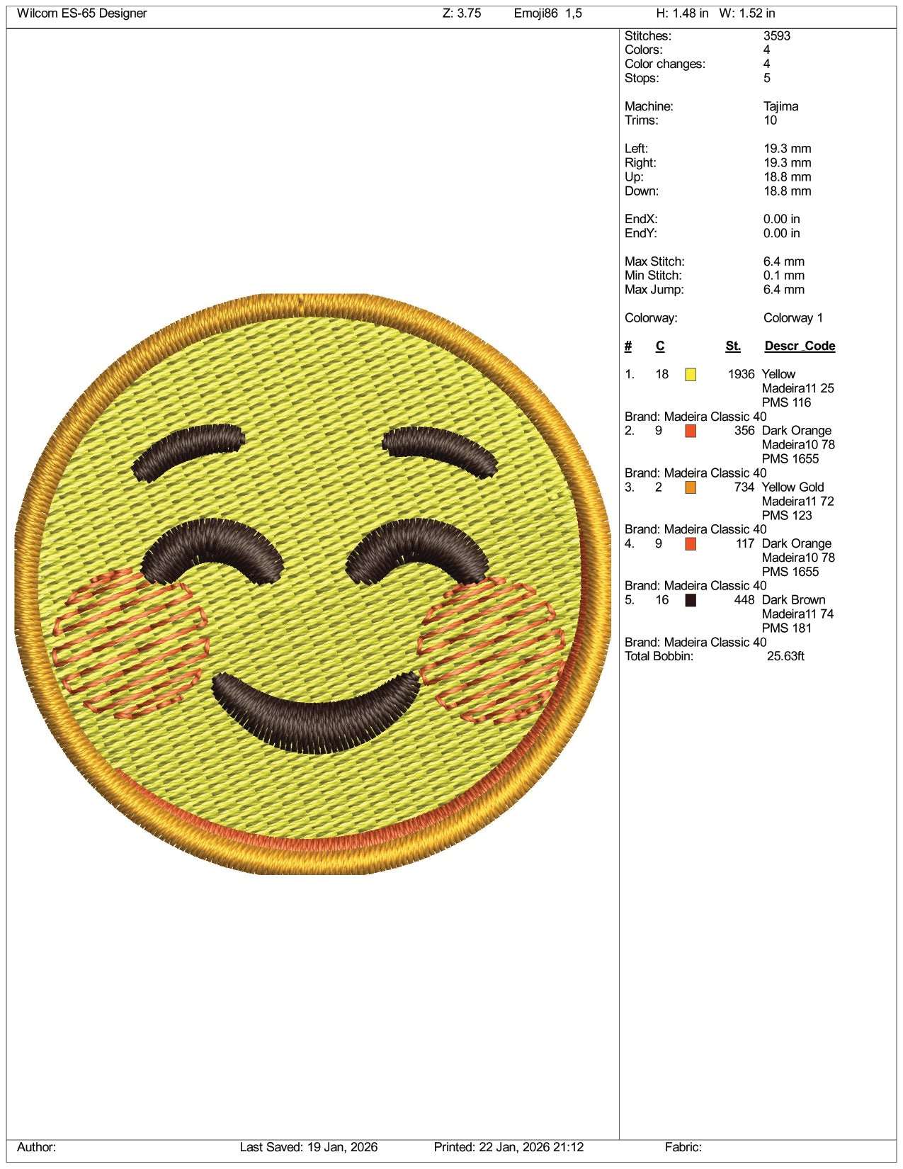 Smiling Face Emoji Embroidery Design Files - 3 Size's