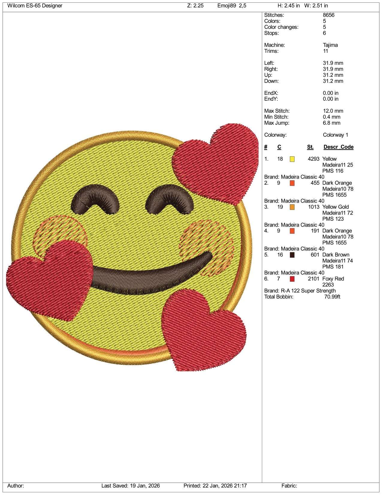 Smiling Face with Hearts Emoji Embroidery Design Files - 3 Size's
