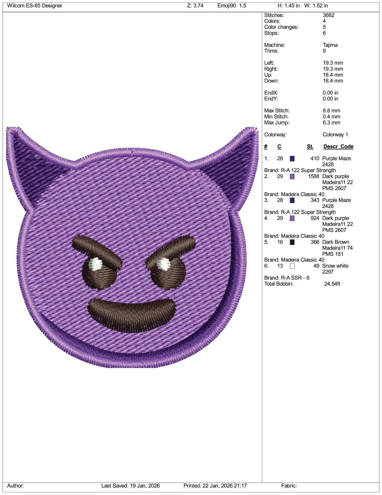 Smiling Face with Horns Emoji Embroidery Design Files - 3 Size's