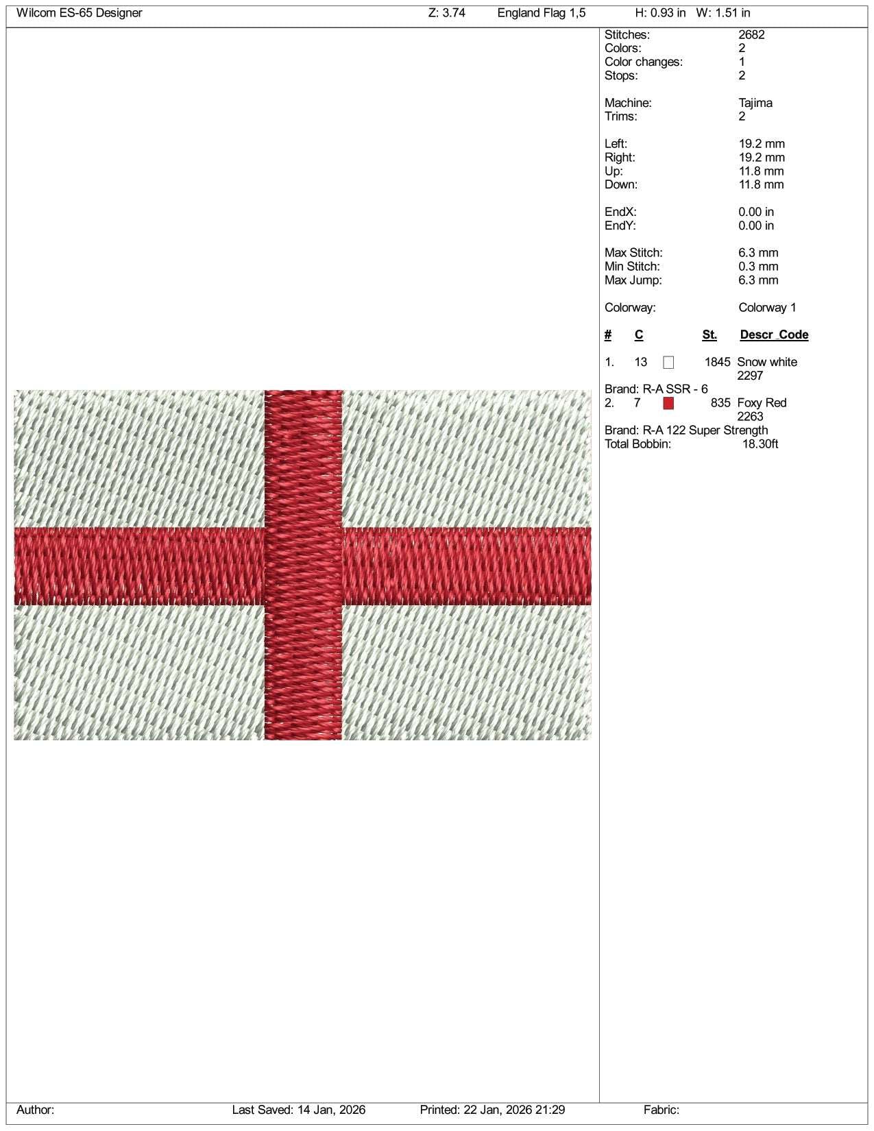England Flag Embroidery Design Files - 3 Size's
