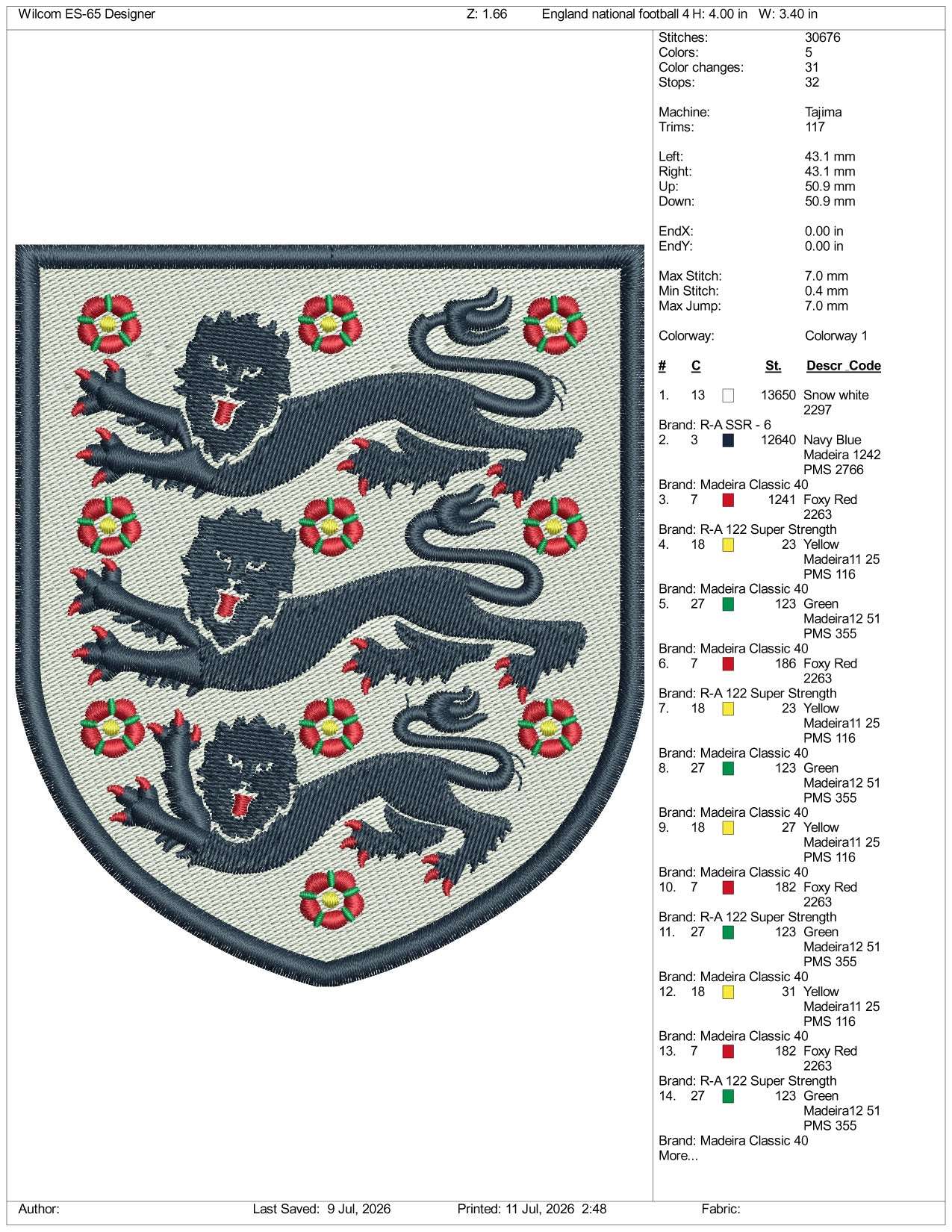 England National Football Logo Embroidery Design Files - 3 Size's