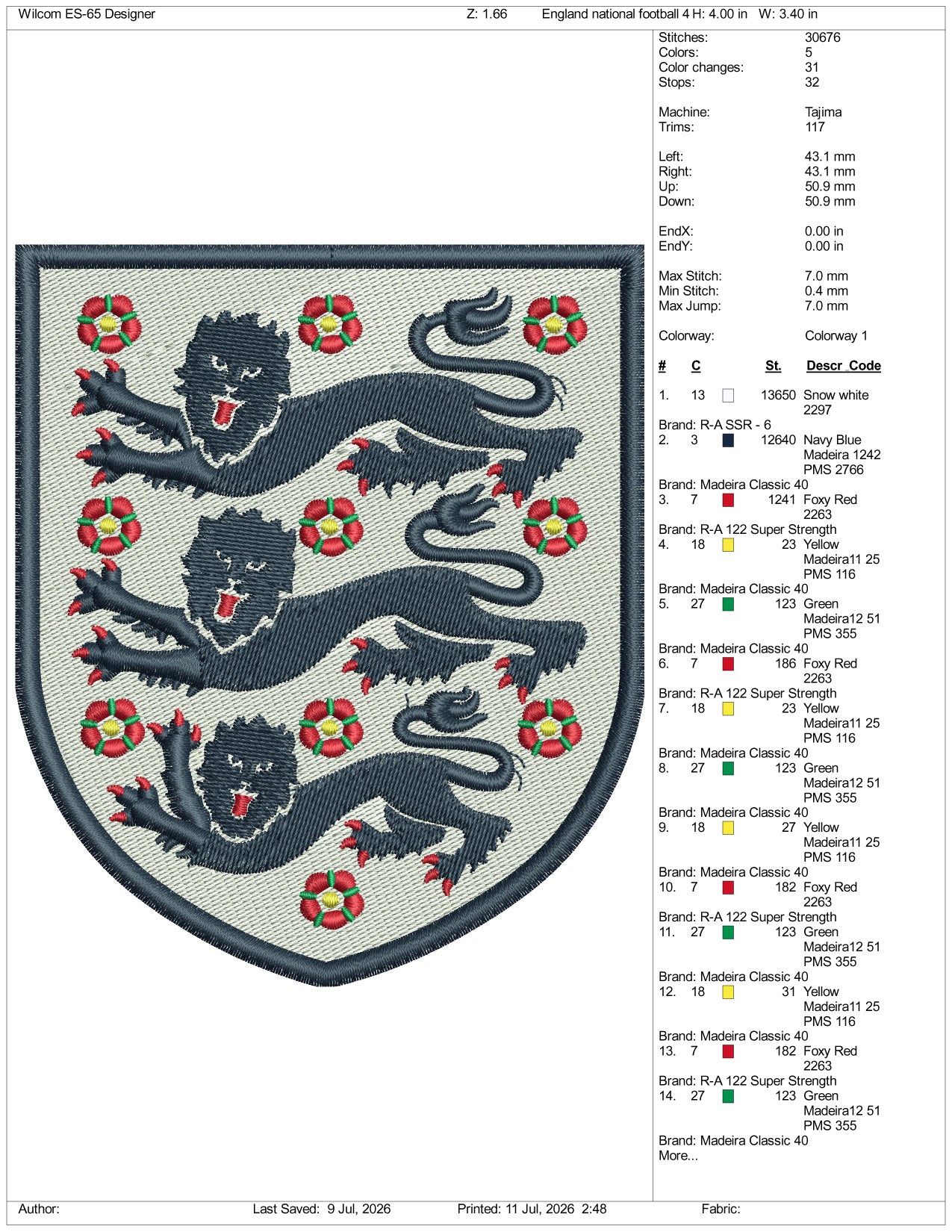 England National Football Logo Embroidery Design Files - 3 Size's