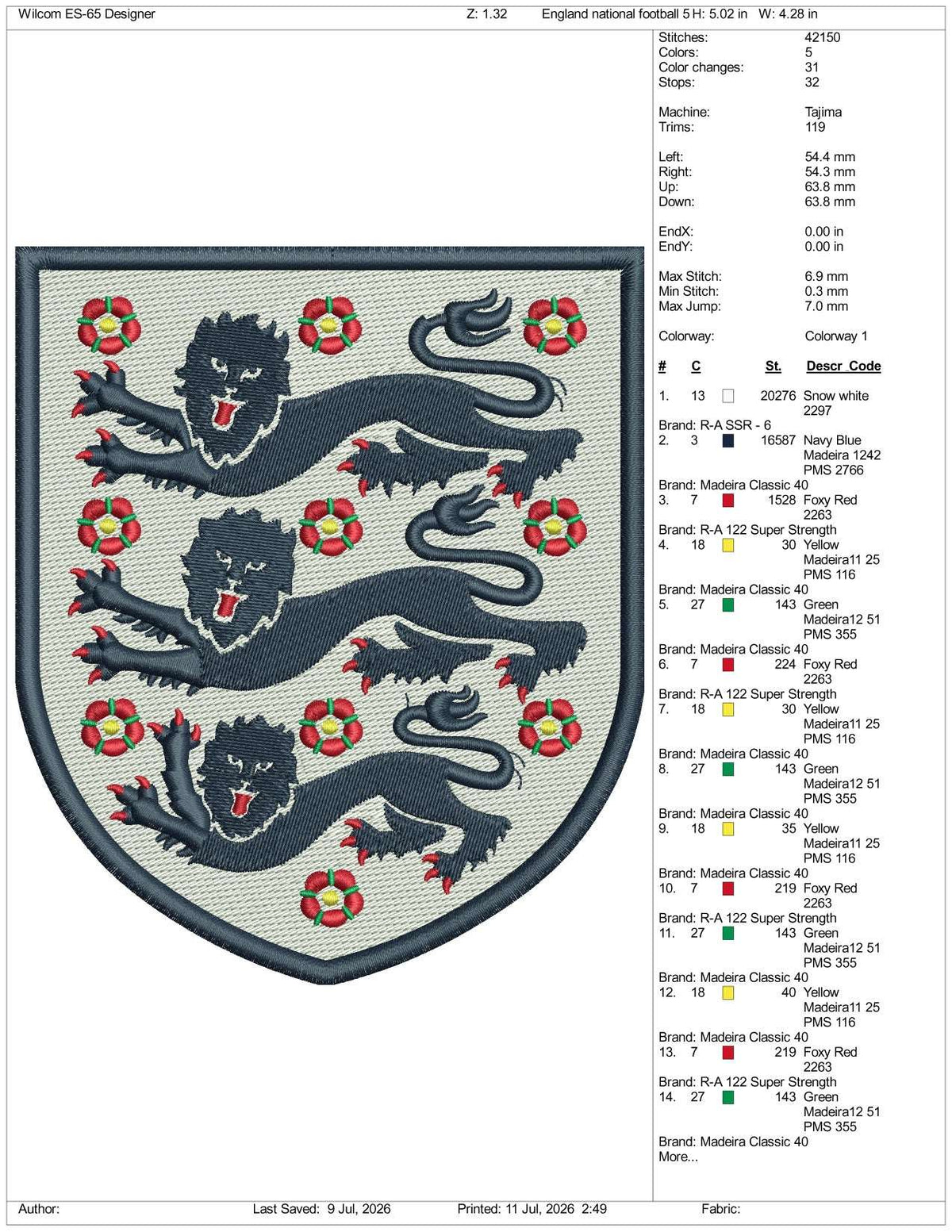 England National Football Logo Embroidery Design Files - 3 Size's