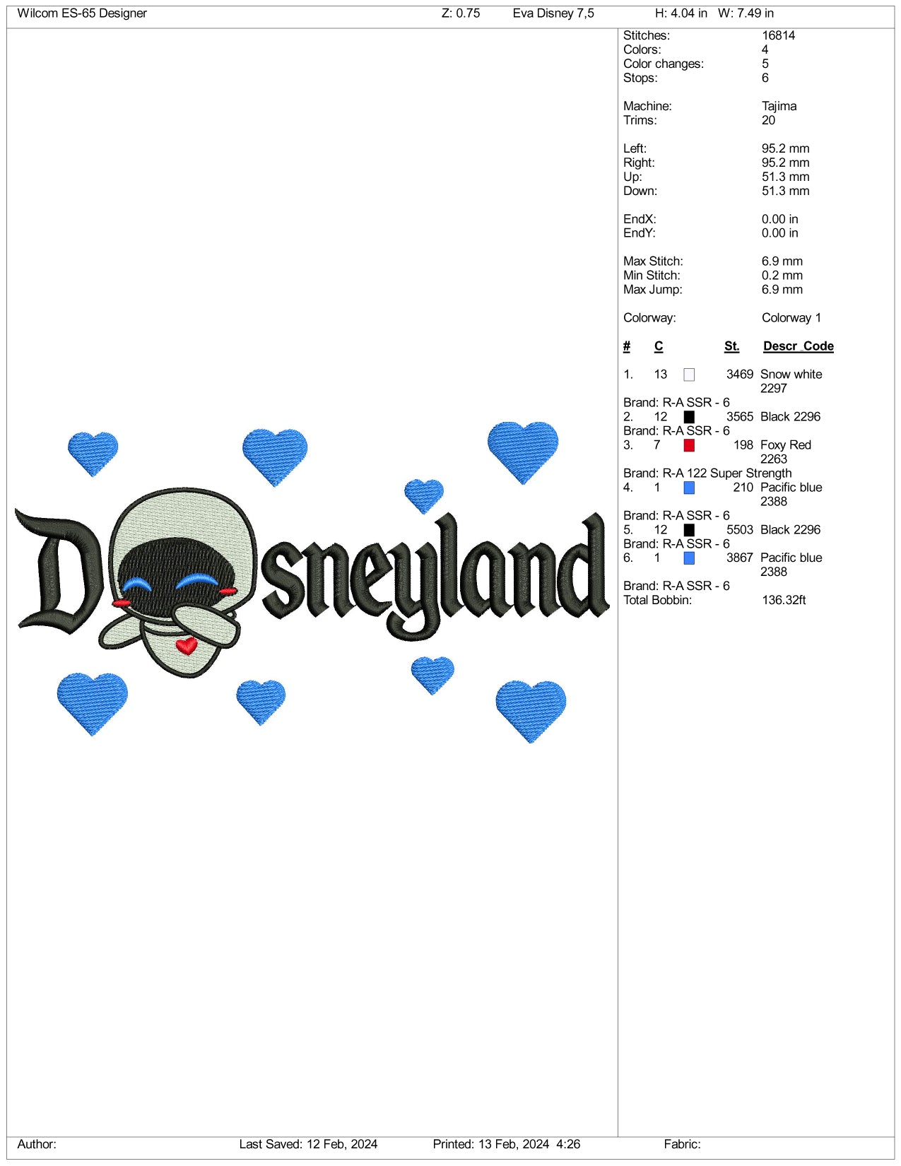 Eva Disneyland Embroidery Design Files - 3 Size's