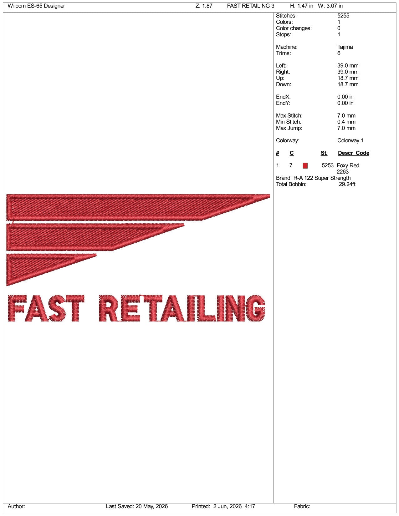 Fast Retailing Logo Embroidery Design Files - 3 Size's