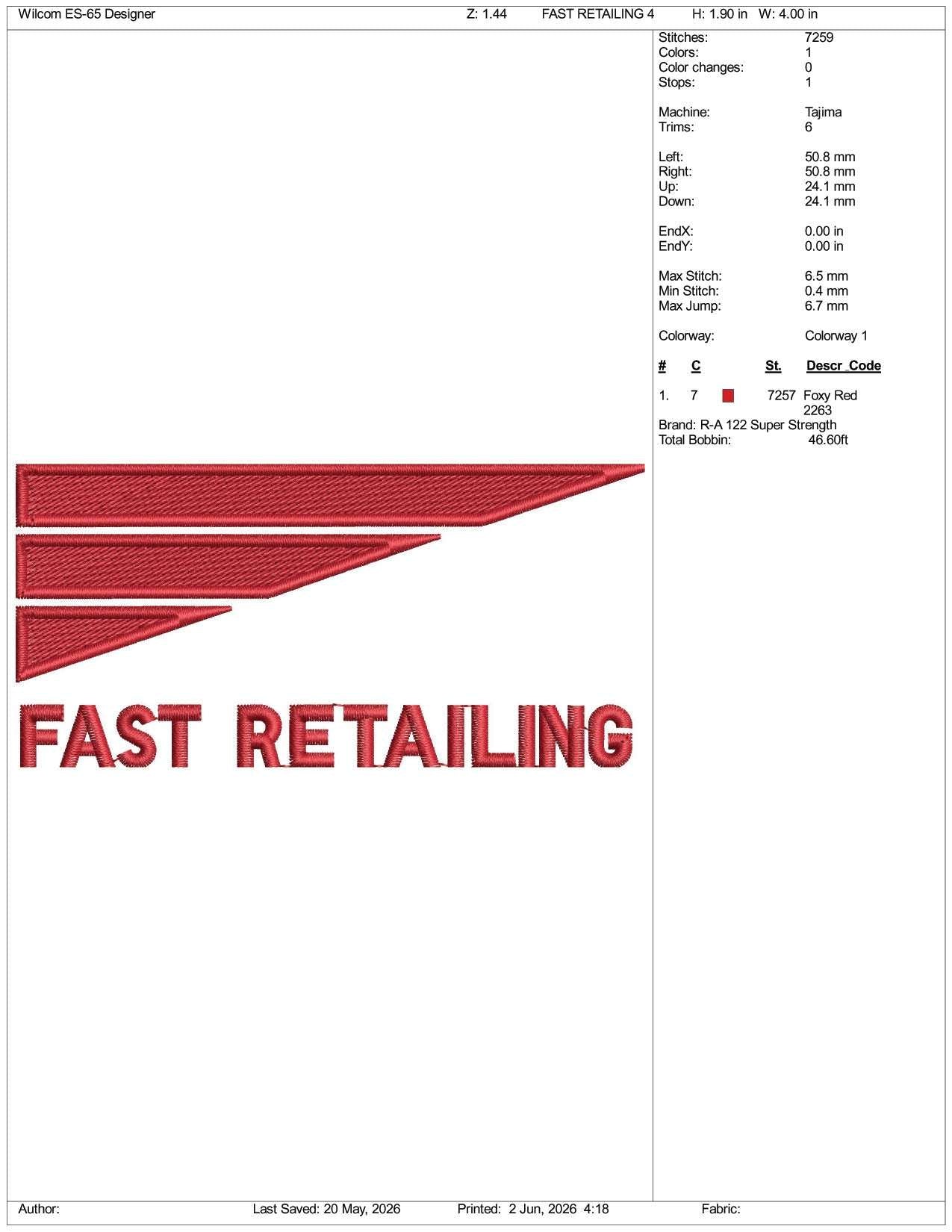 Fast Retailing Logo Embroidery Design Files - 3 Size's