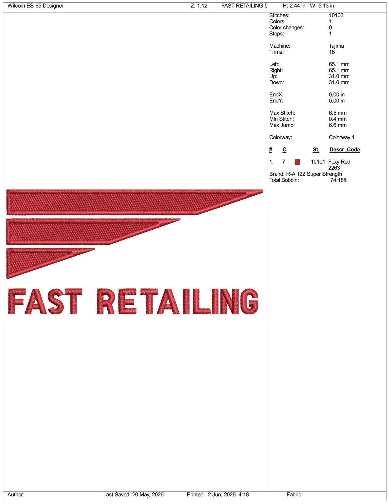 Fast Retailing Logo Embroidery Design Files - 3 Size's