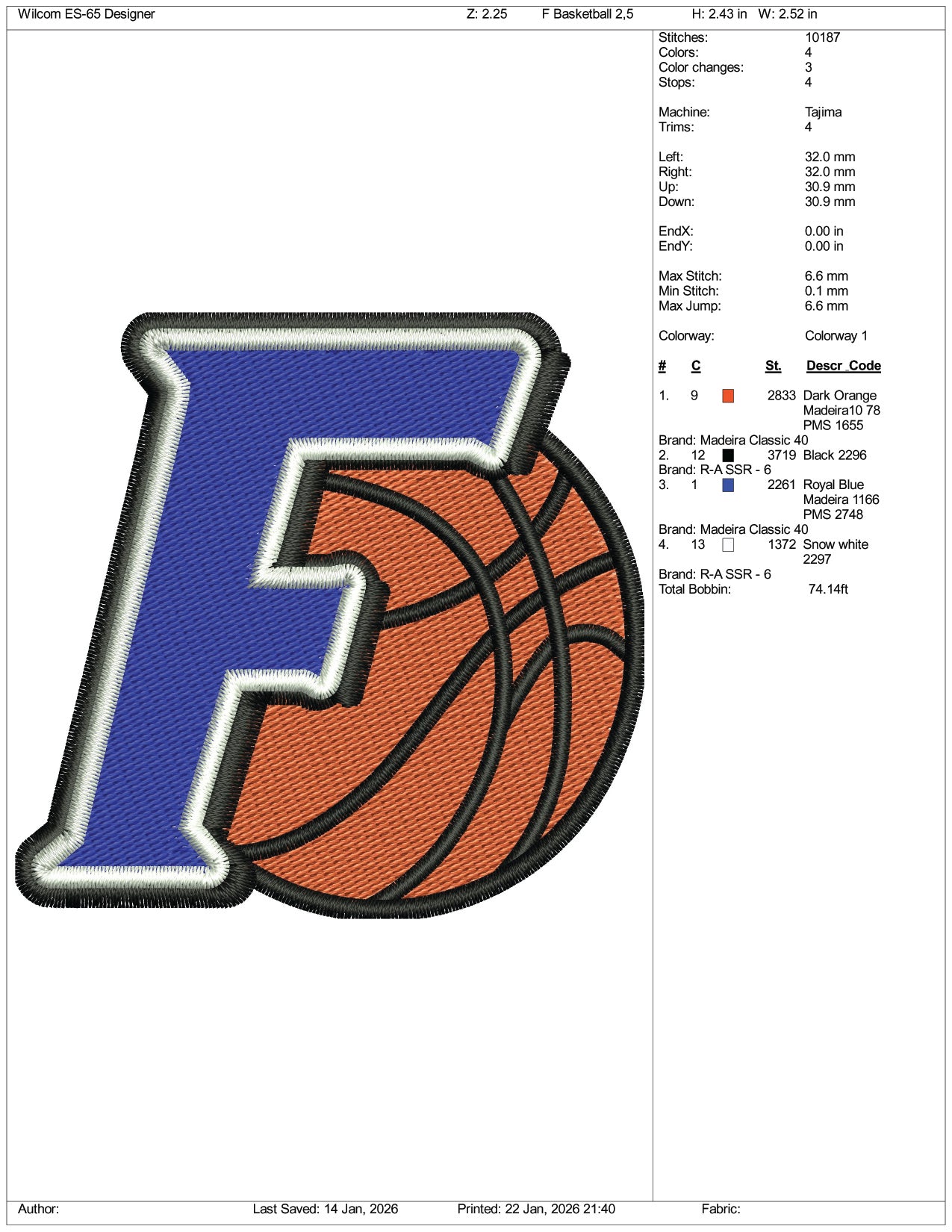 F Basketball Logo Embroidery Design Files - 4 Size's