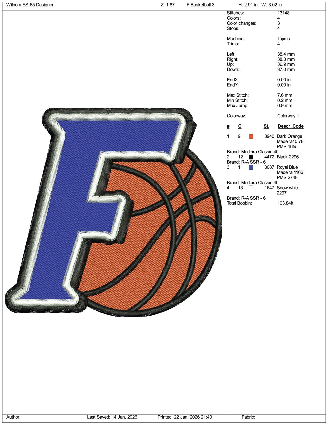 F Basketball Logo Embroidery Design Files - 4 Size's
