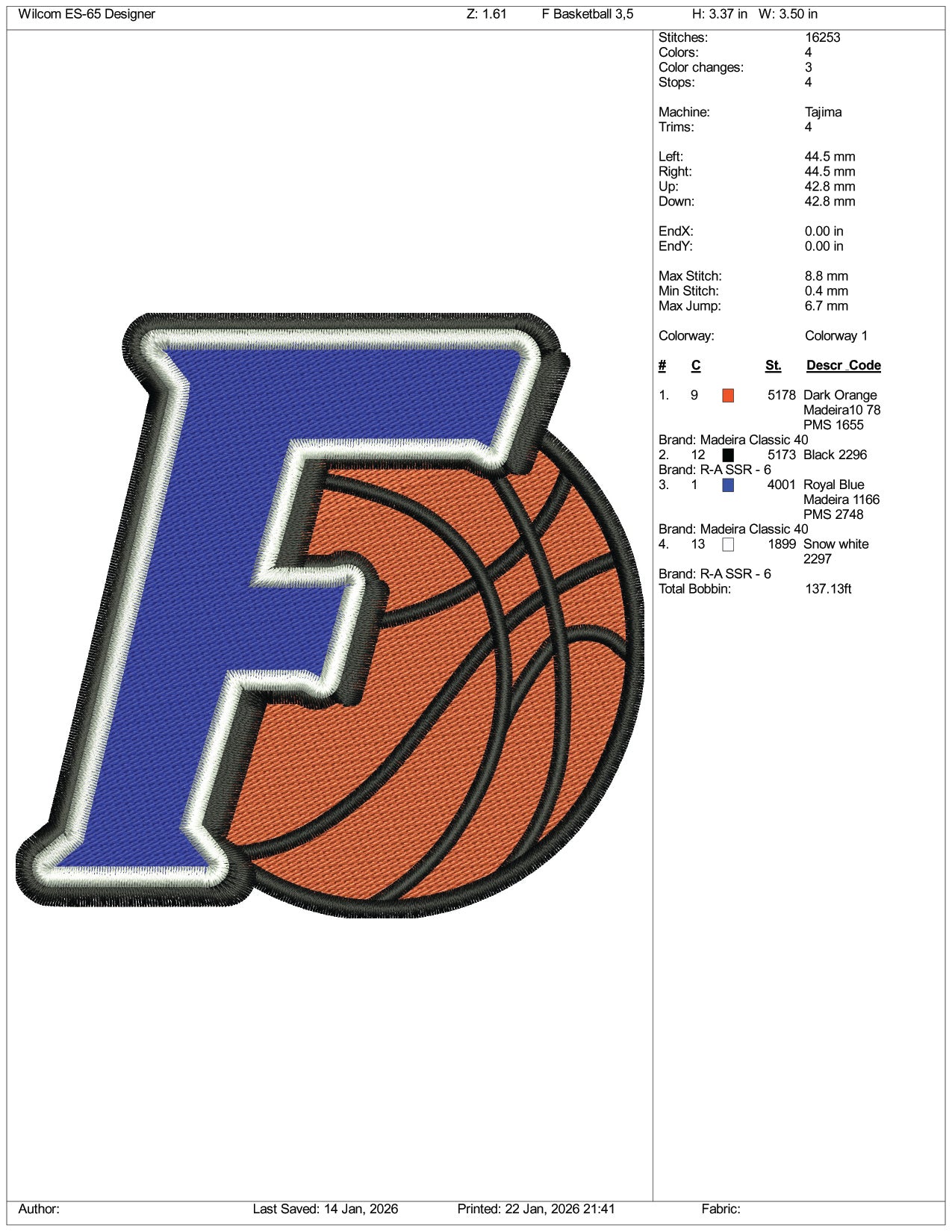 F Basketball Logo Embroidery Design Files - 4 Size's
