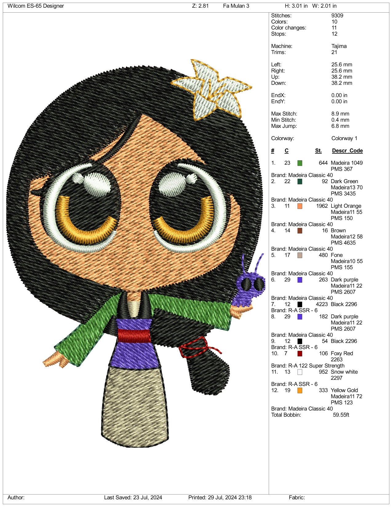 Chibi Mulan Embroidery Design Files - 3 Size's