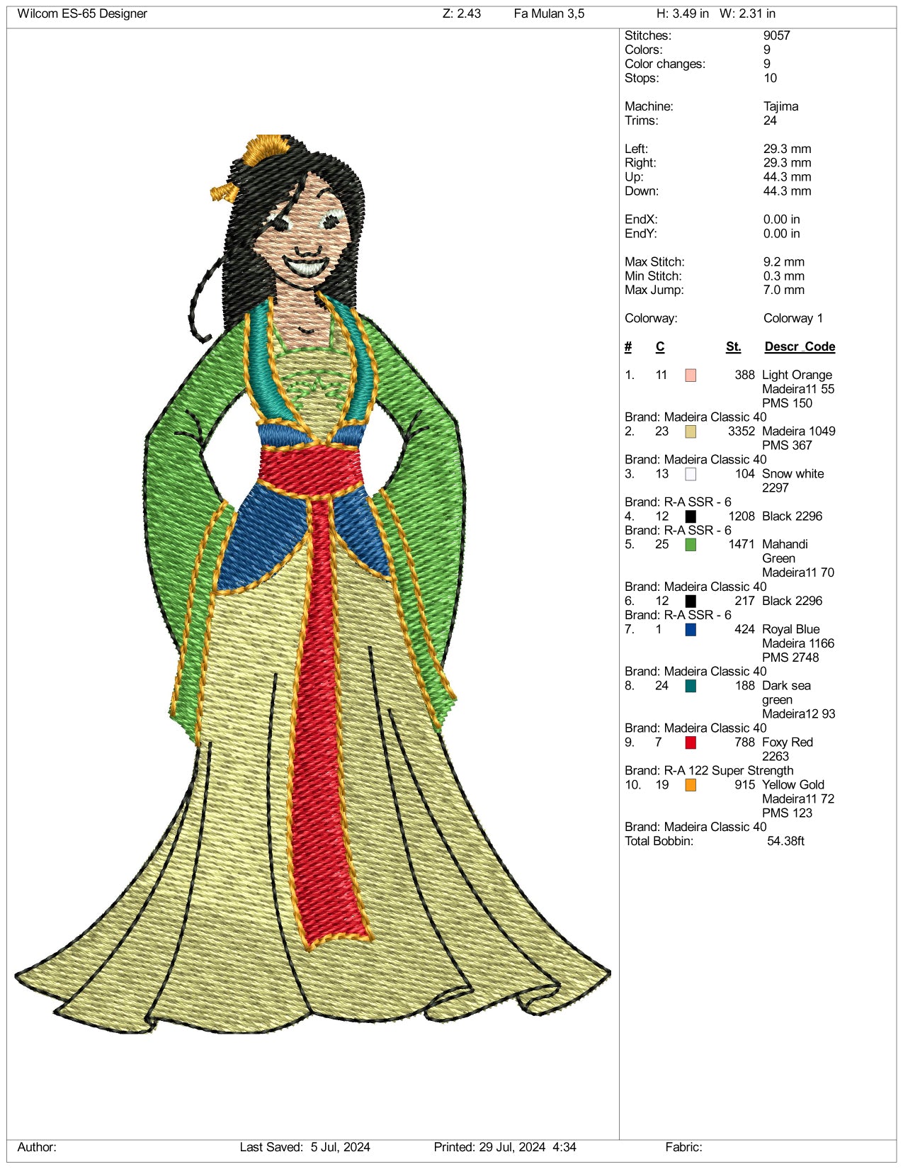 Mulan v1 Embroidery Design Files - 3 Size's