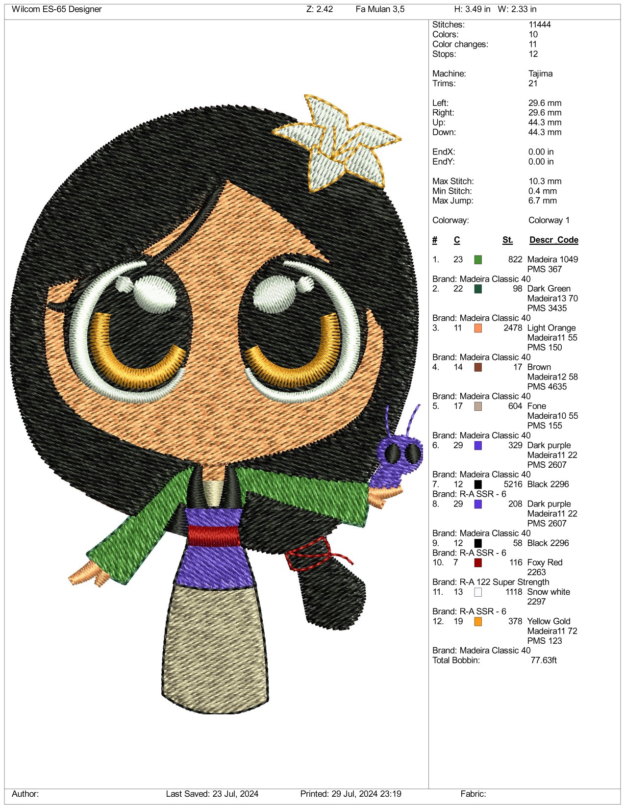 Chibi Mulan Embroidery Design Files - 3 Size's