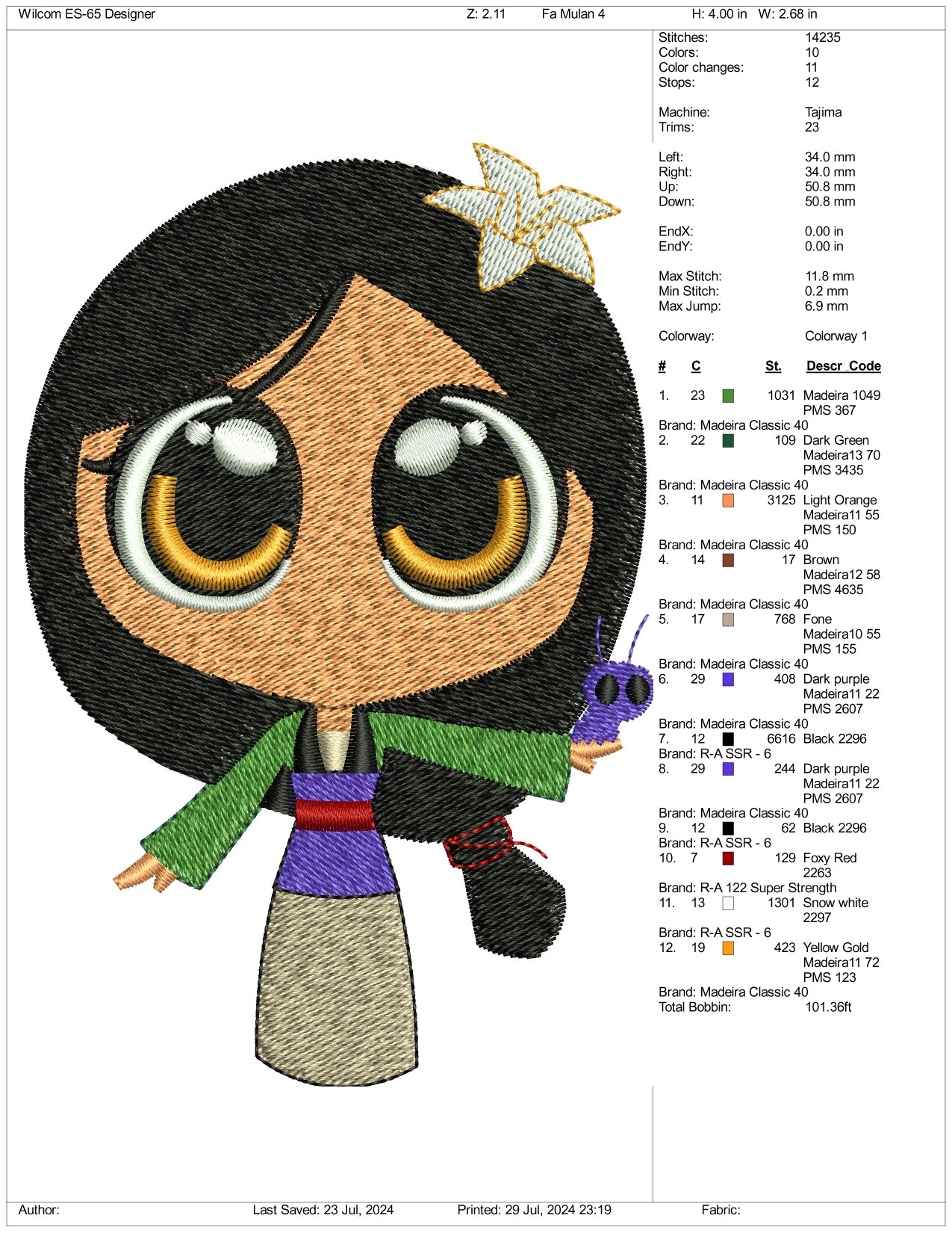 Chibi Mulan Embroidery Design Files - 3 Size's