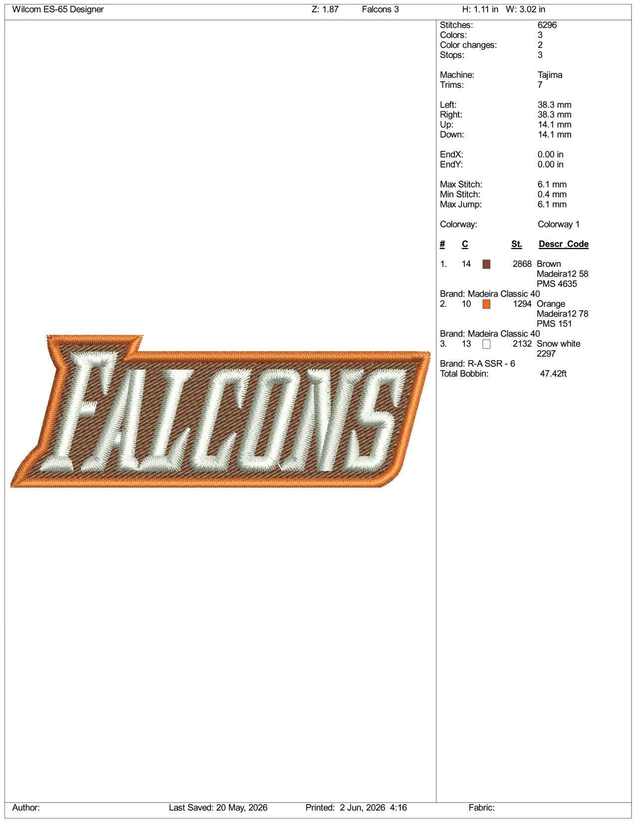 Bowling Green Falcons v3 Logo Embroidery Design Files - 3 Size's