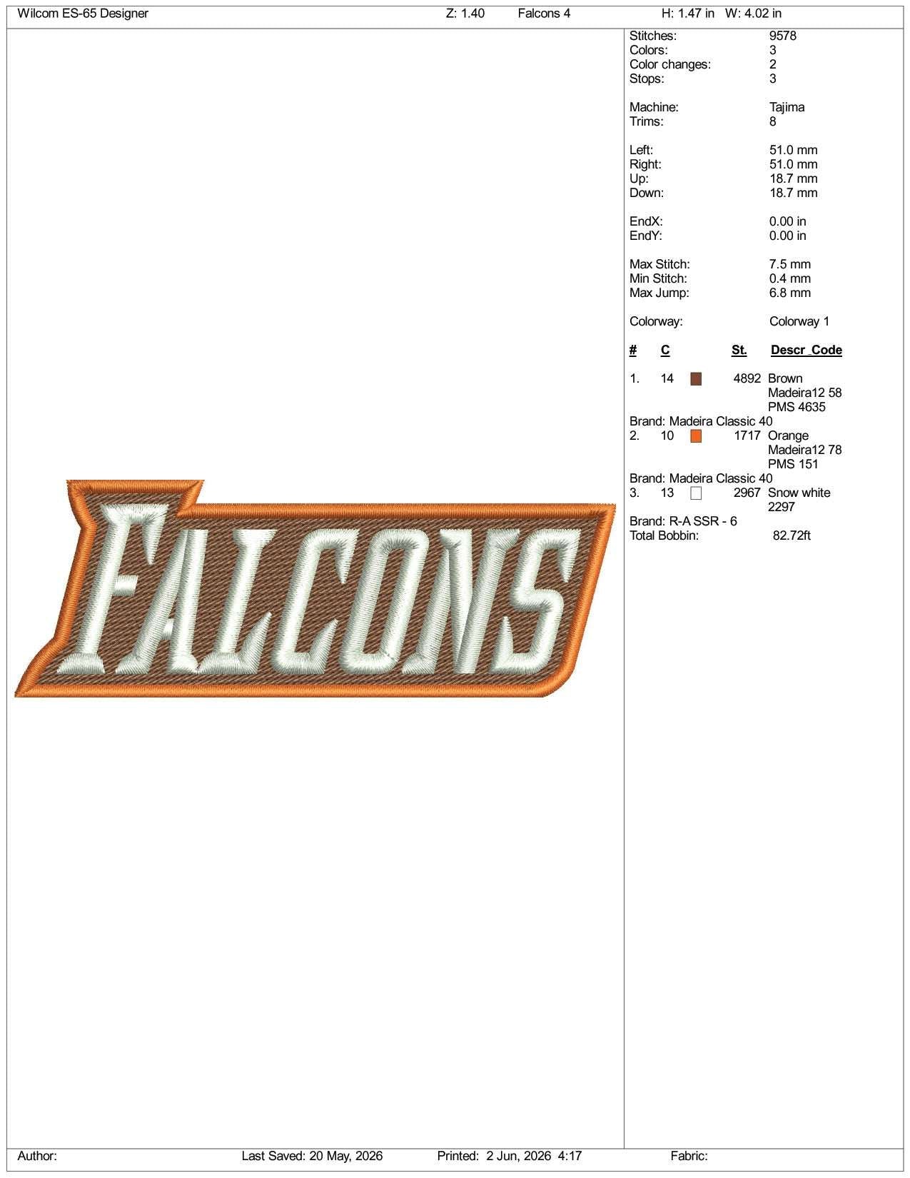 Bowling Green Falcons v3 Logo Embroidery Design Files - 3 Size's