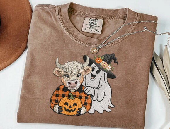 Fall Cow Ghost Embroidery Design Files - 5 Size's