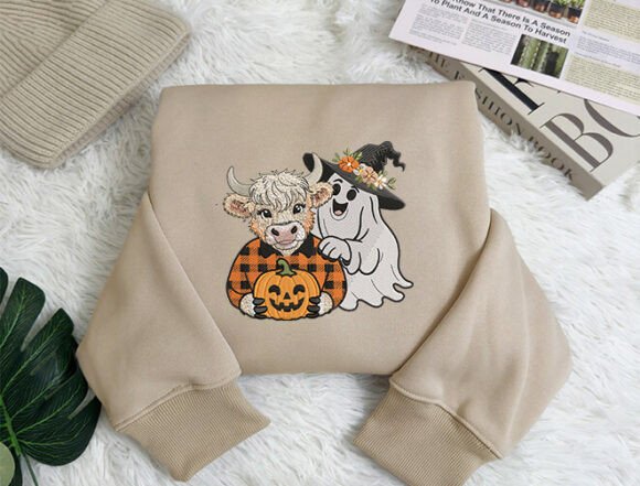 Fall Cow Ghost Embroidery Design Files - 5 Size's