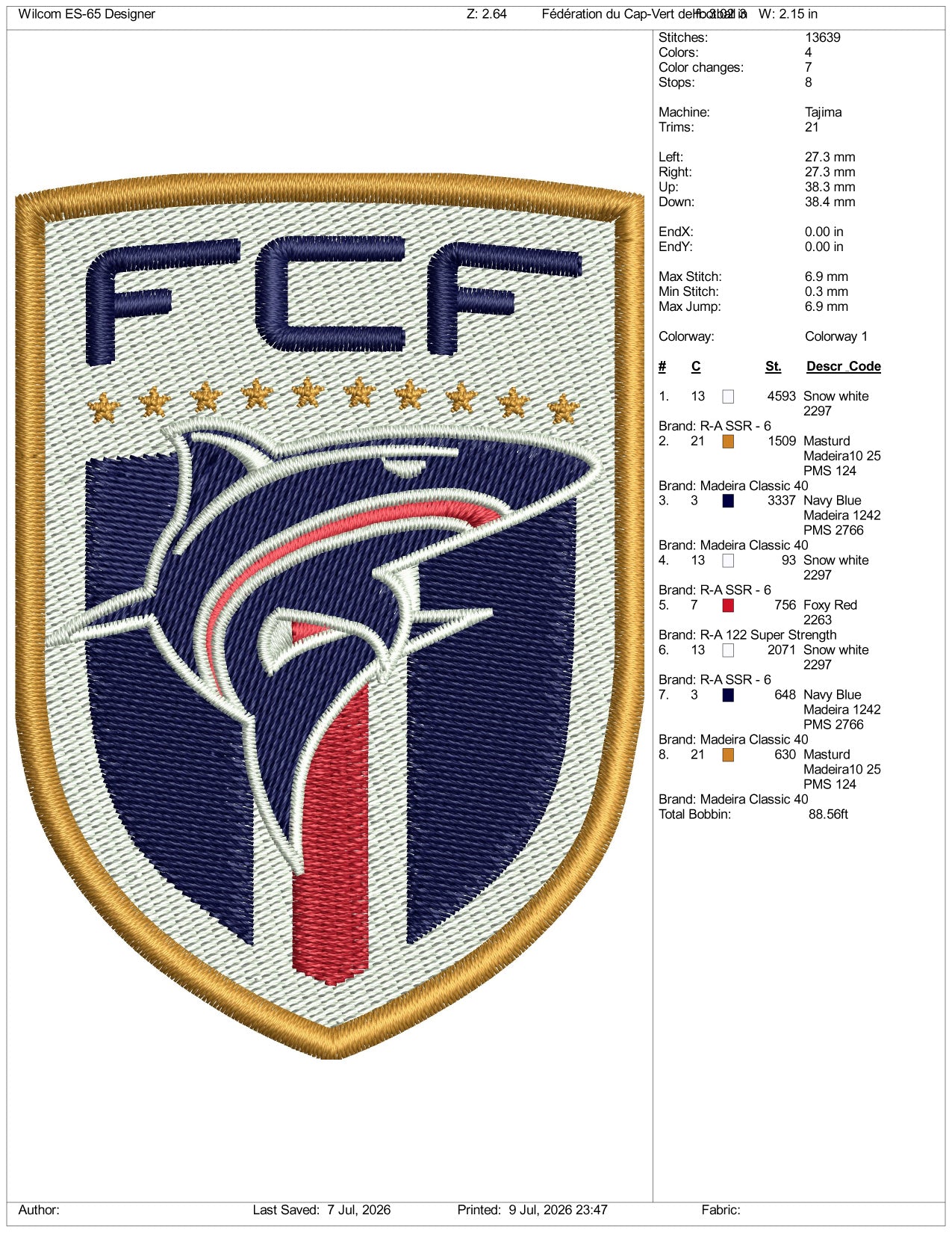 Fédération du Cap-Vert de  Football Logo Embroidery Design Files - 3 Size's