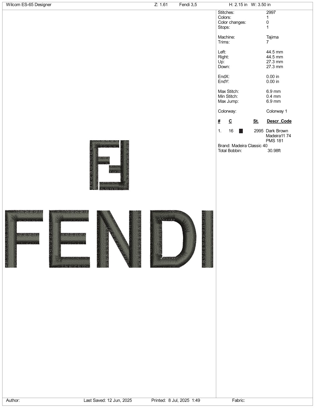 Fendi Logo Embroidery Design Files - 3 Size's