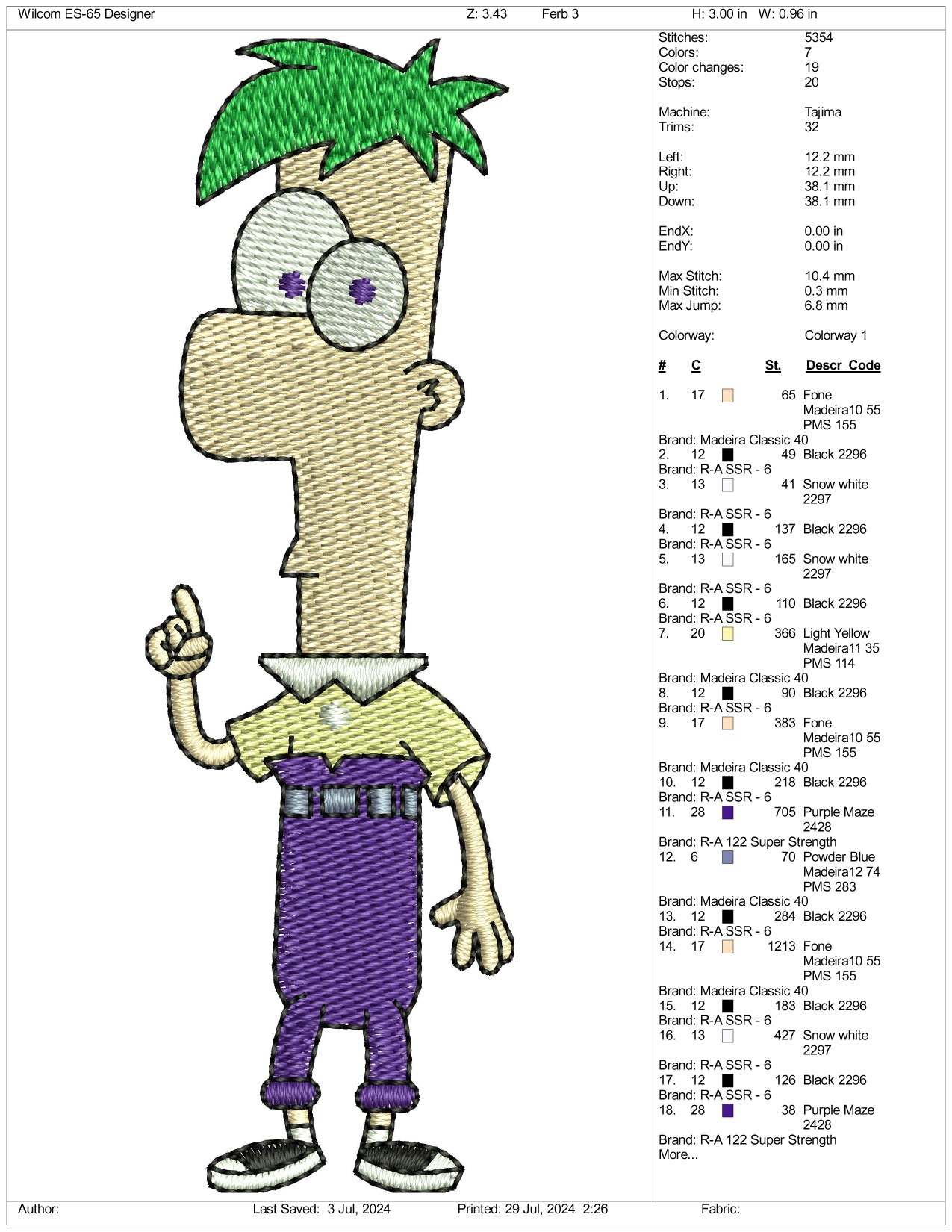 Ferb Fletcher Embroidery Design Files - 3 Size's