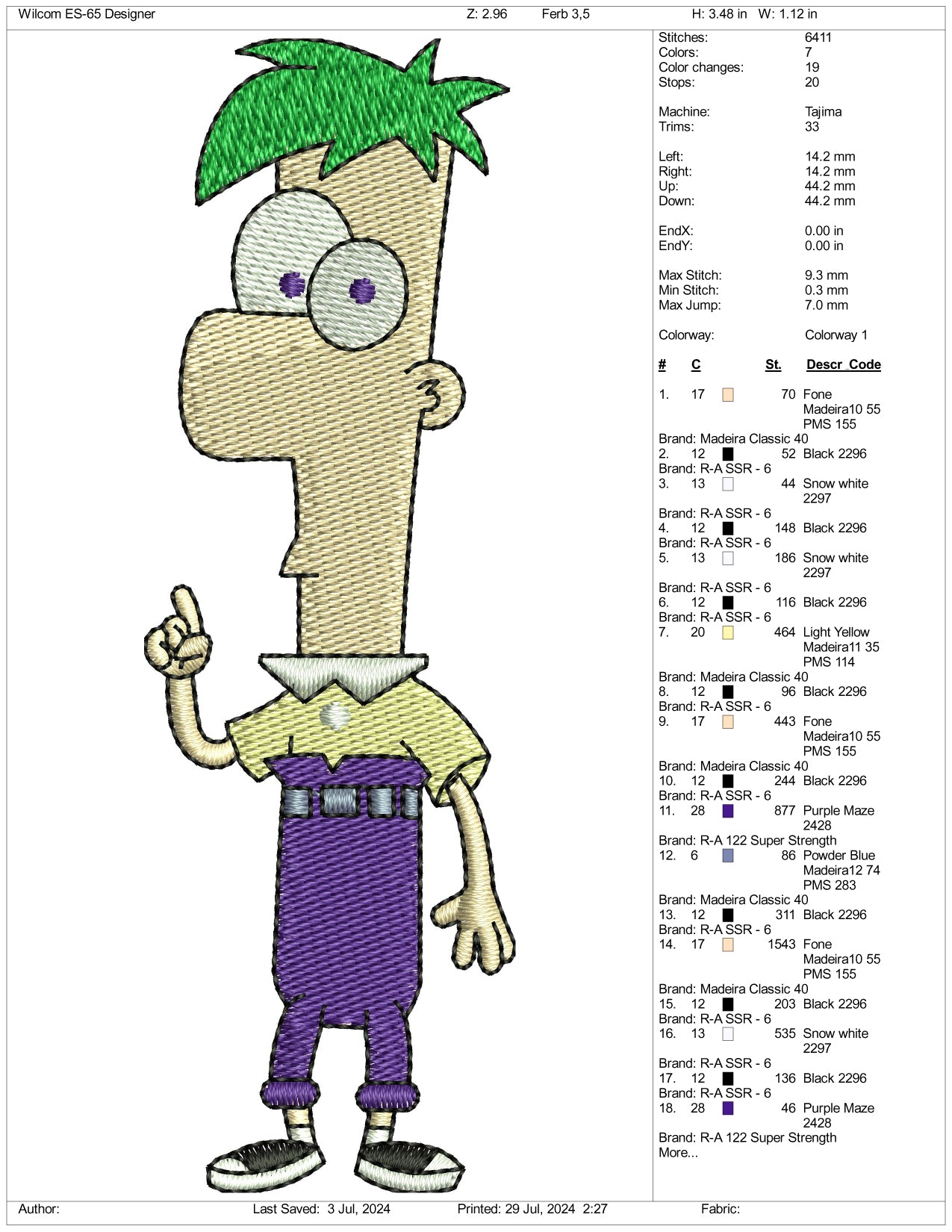 Ferb Fletcher Embroidery Design Files - 3 Size's