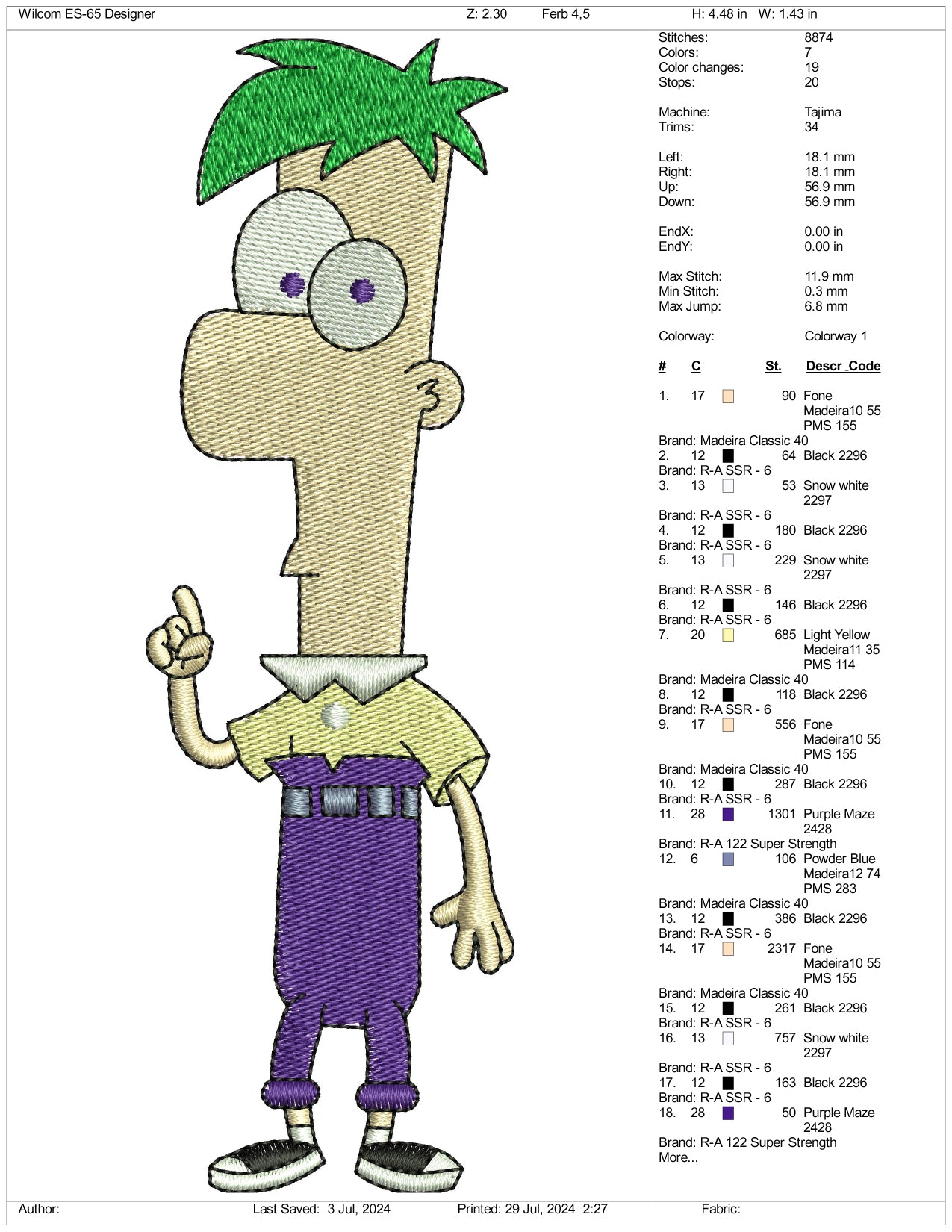 Ferb Fletcher Embroidery Design Files - 3 Size's