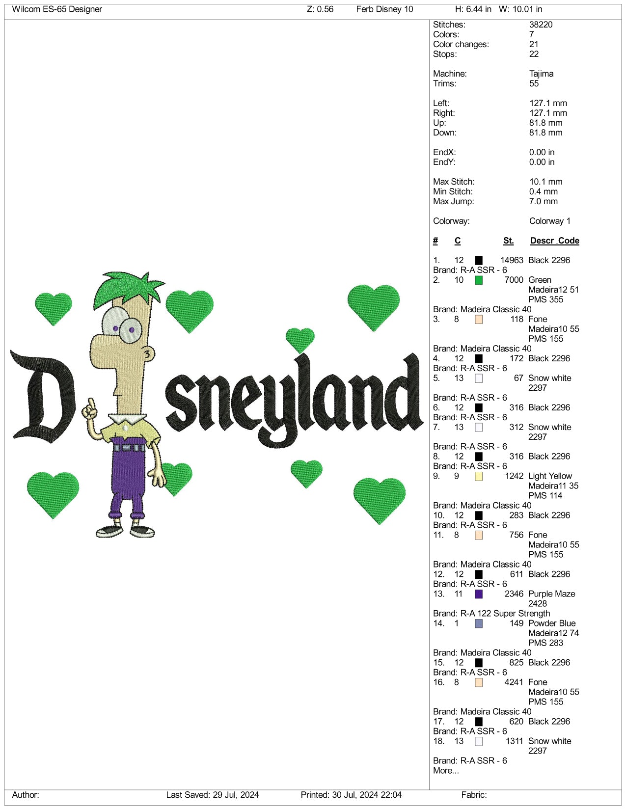 Ferb Fletcher Disneyland Embroidery Design Files - 3 Size's