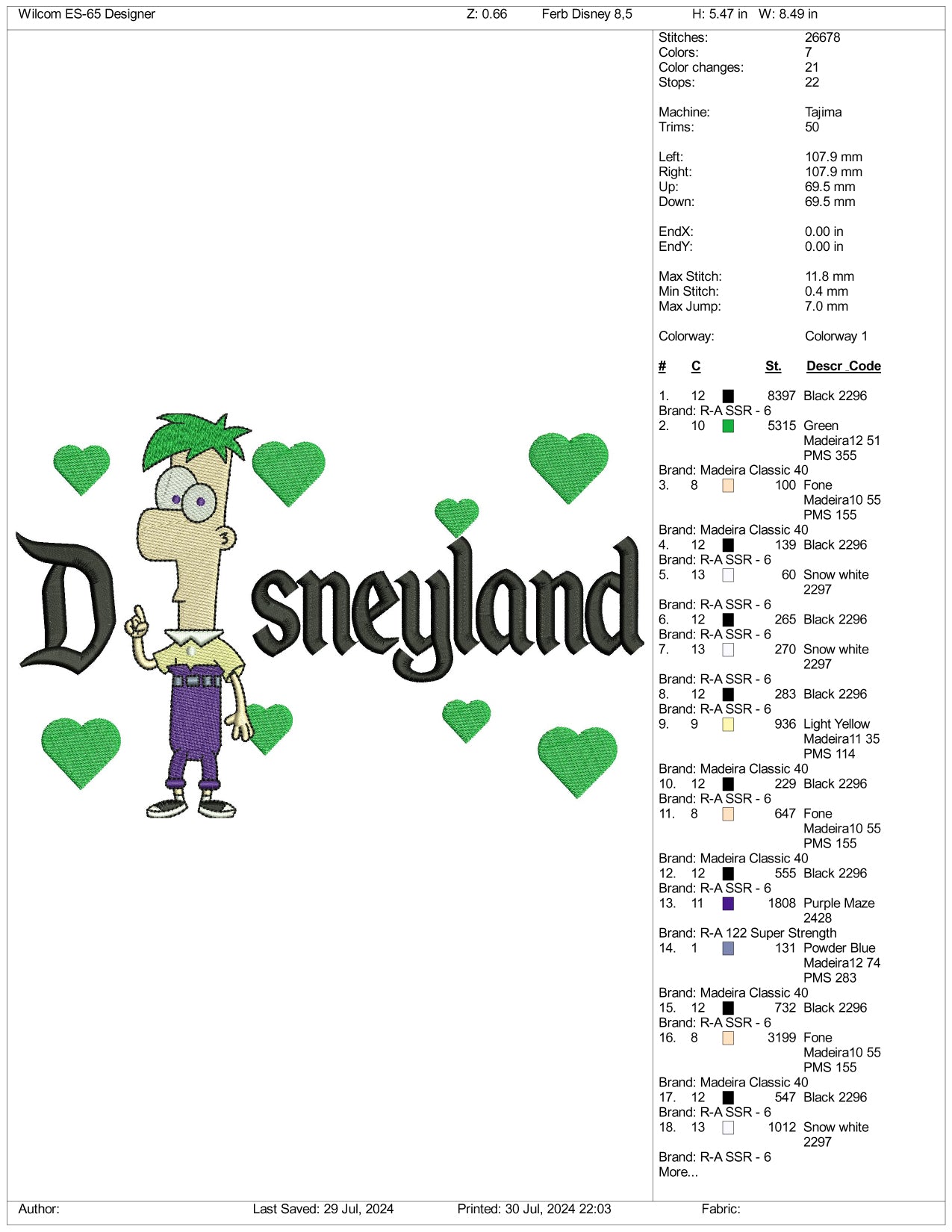 Ferb Fletcher Disneyland Embroidery Design Files - 3 Size's