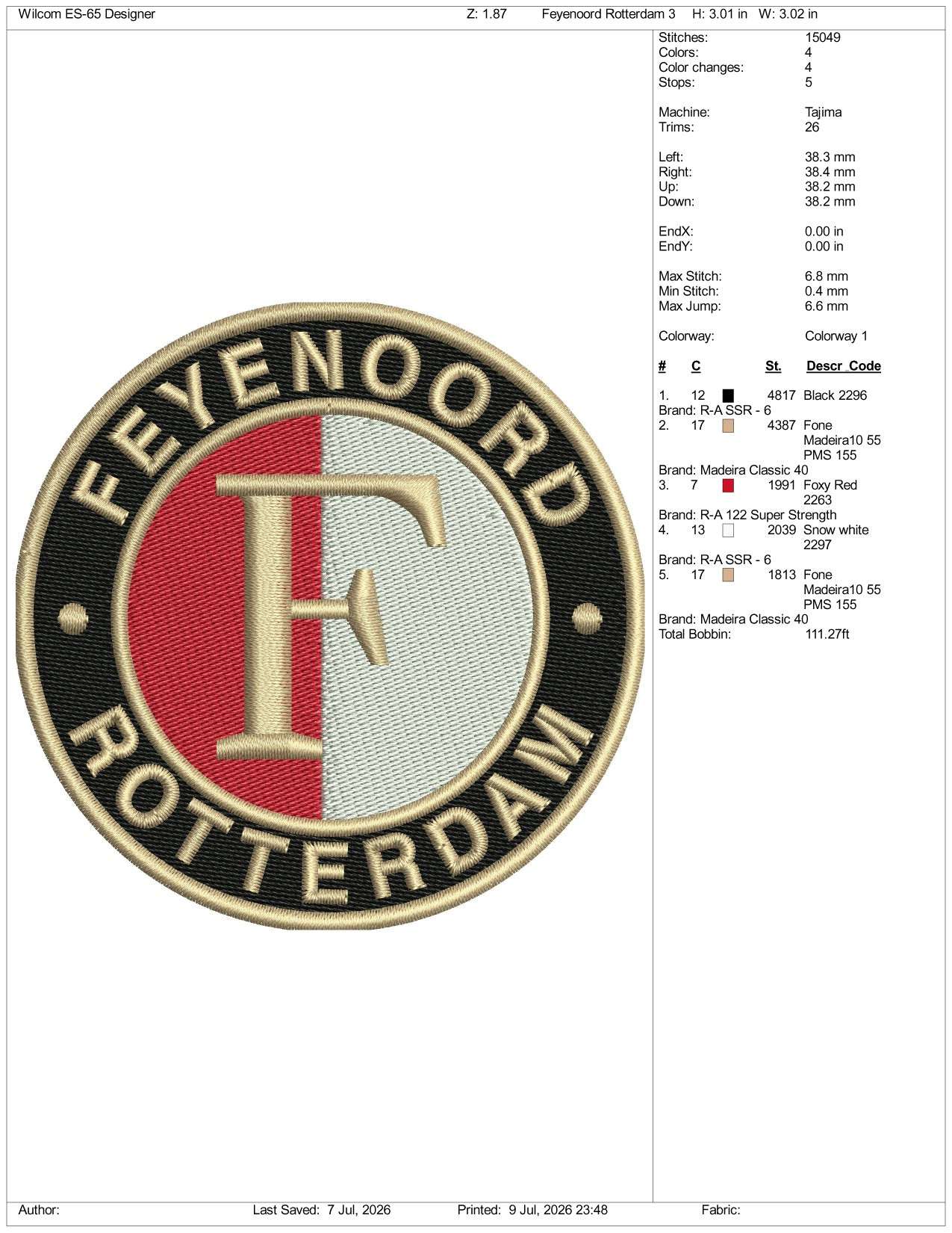 Feyenoord Rotterdam Football Logo Embroidery Design Files - 3 Size's