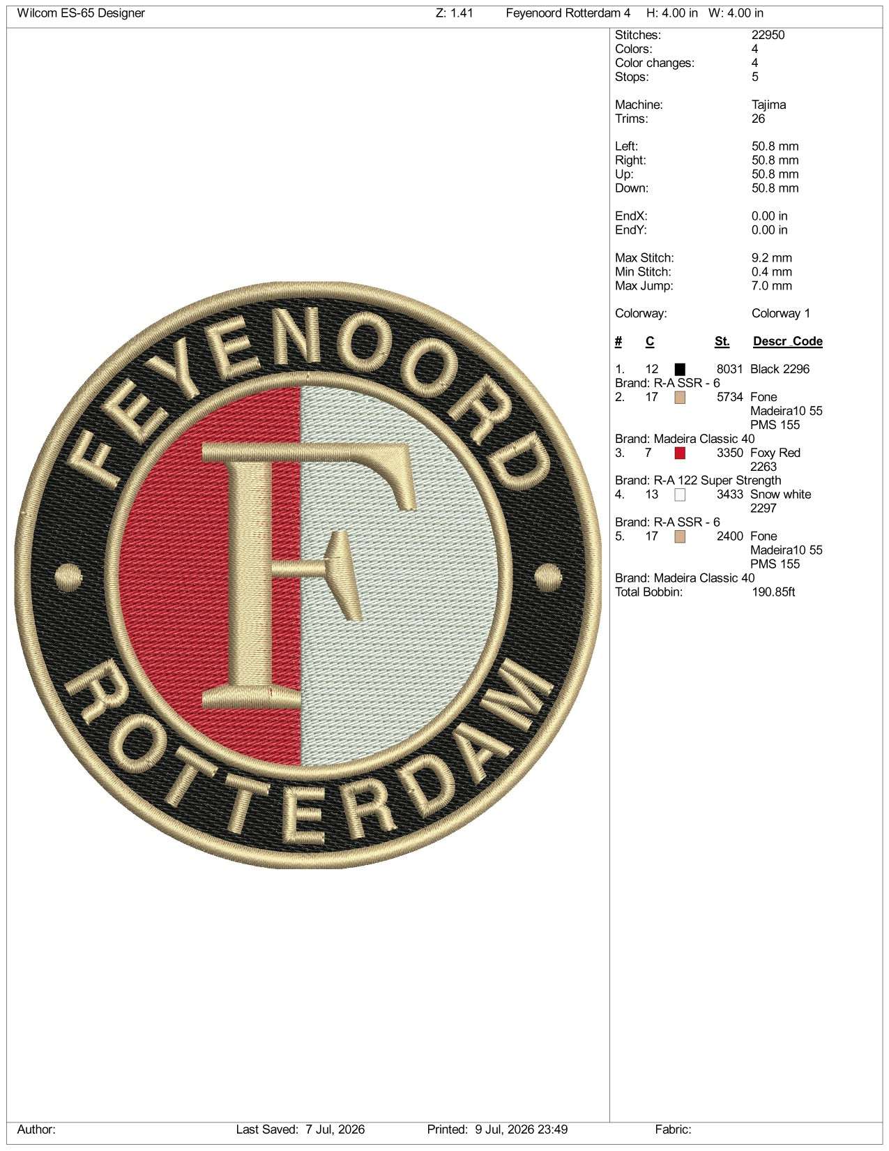 Feyenoord Rotterdam Football Logo Embroidery Design Files - 3 Size's