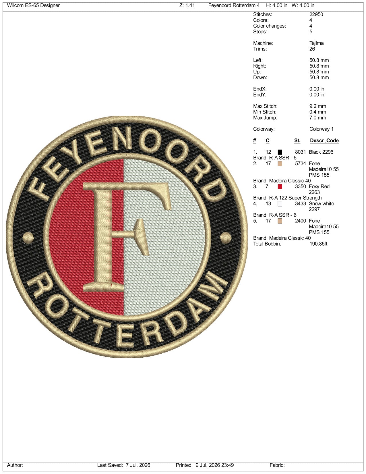 Feyenoord Rotterdam Football Logo Embroidery Design Files - 3 Size's