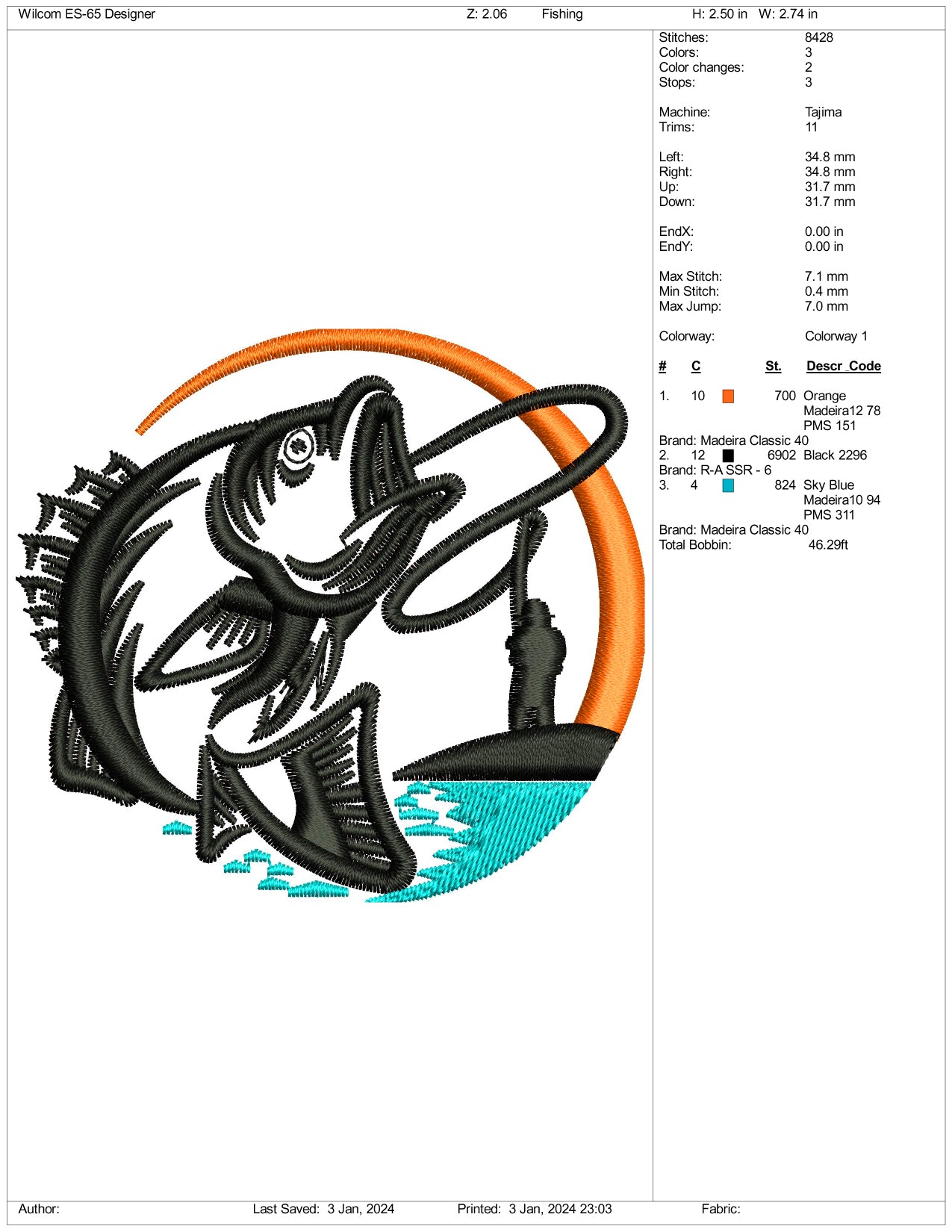 Fish Logo Embroidery Design Files - 3 Size's