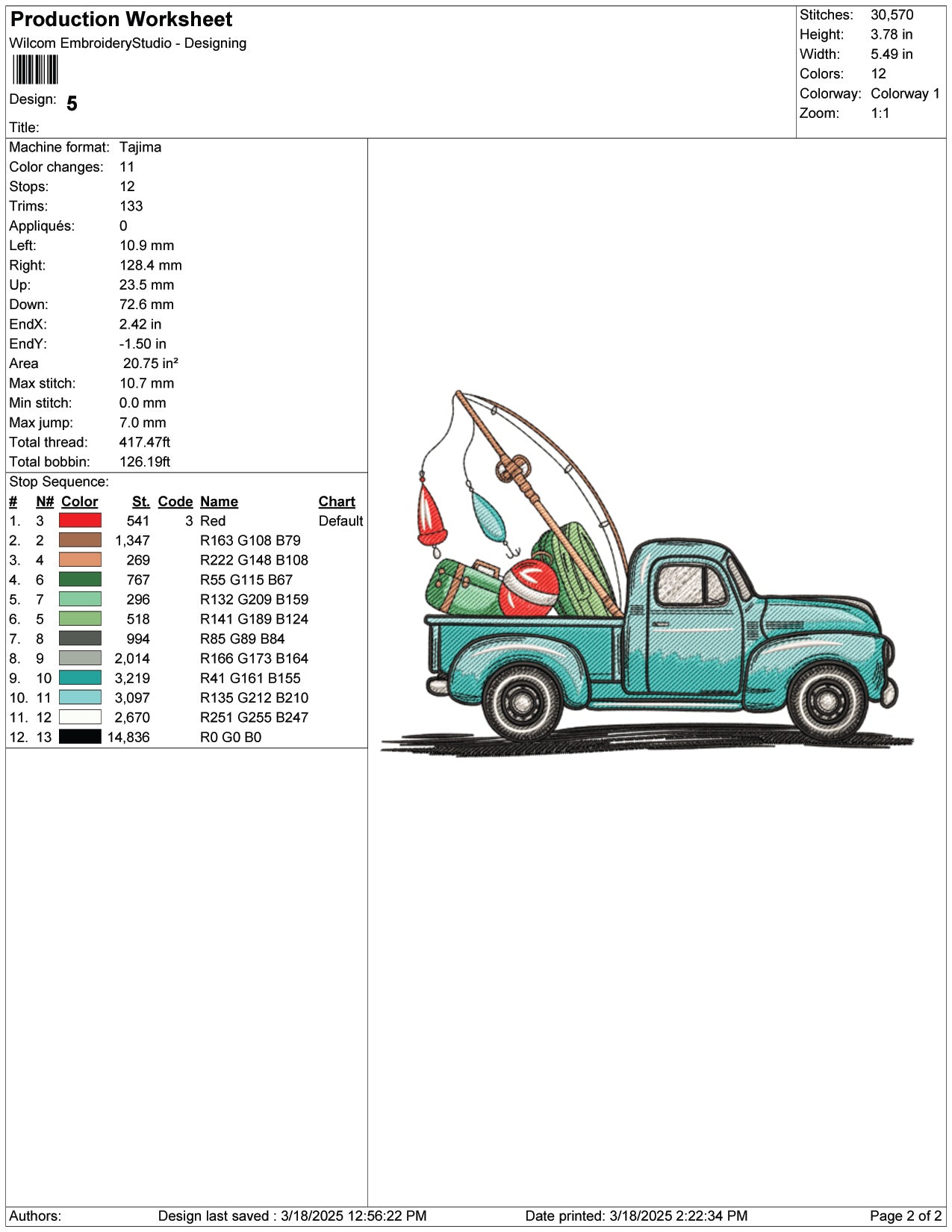 Fishing Truck Embroidery Design Files - 9 Size's