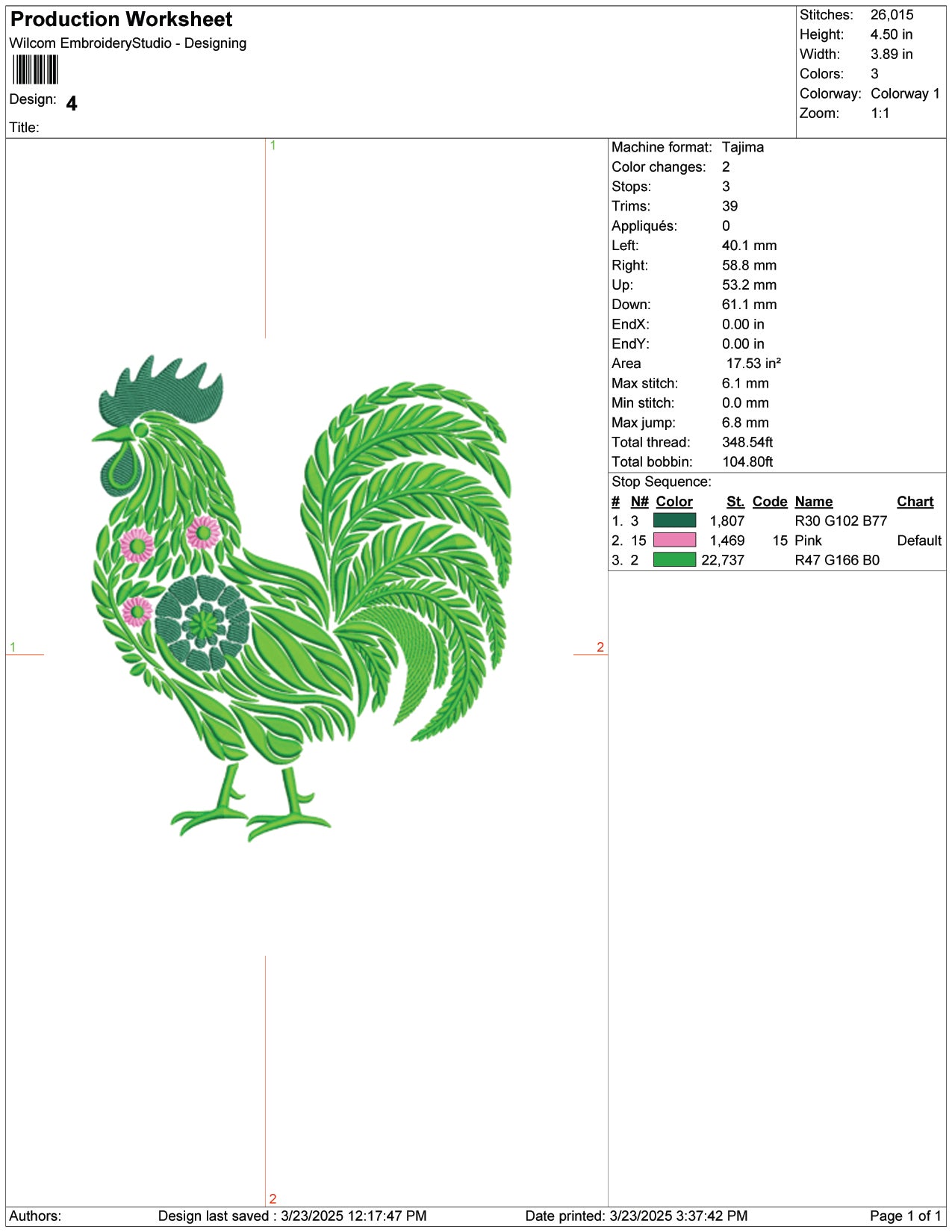 Floral Rooster Embroidery Design Files - 9 Size's