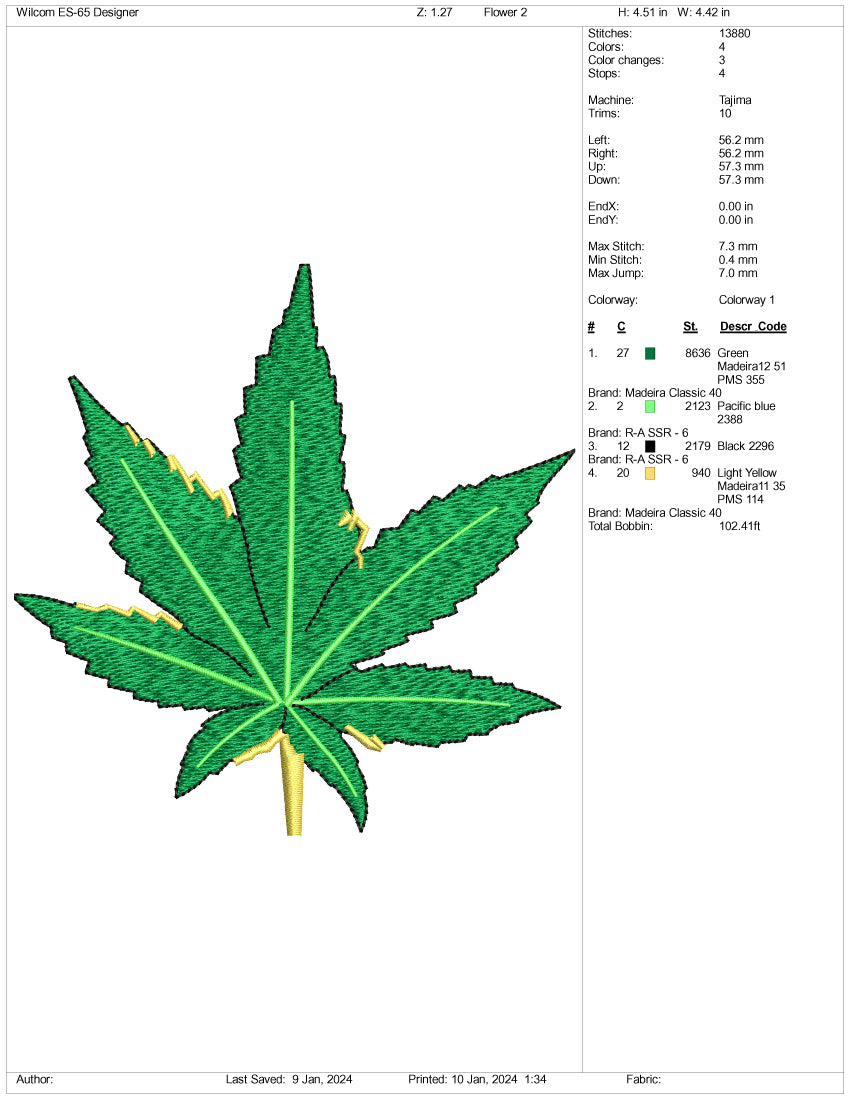 Weed Leaf Embroidery Design Files - 3 Size's