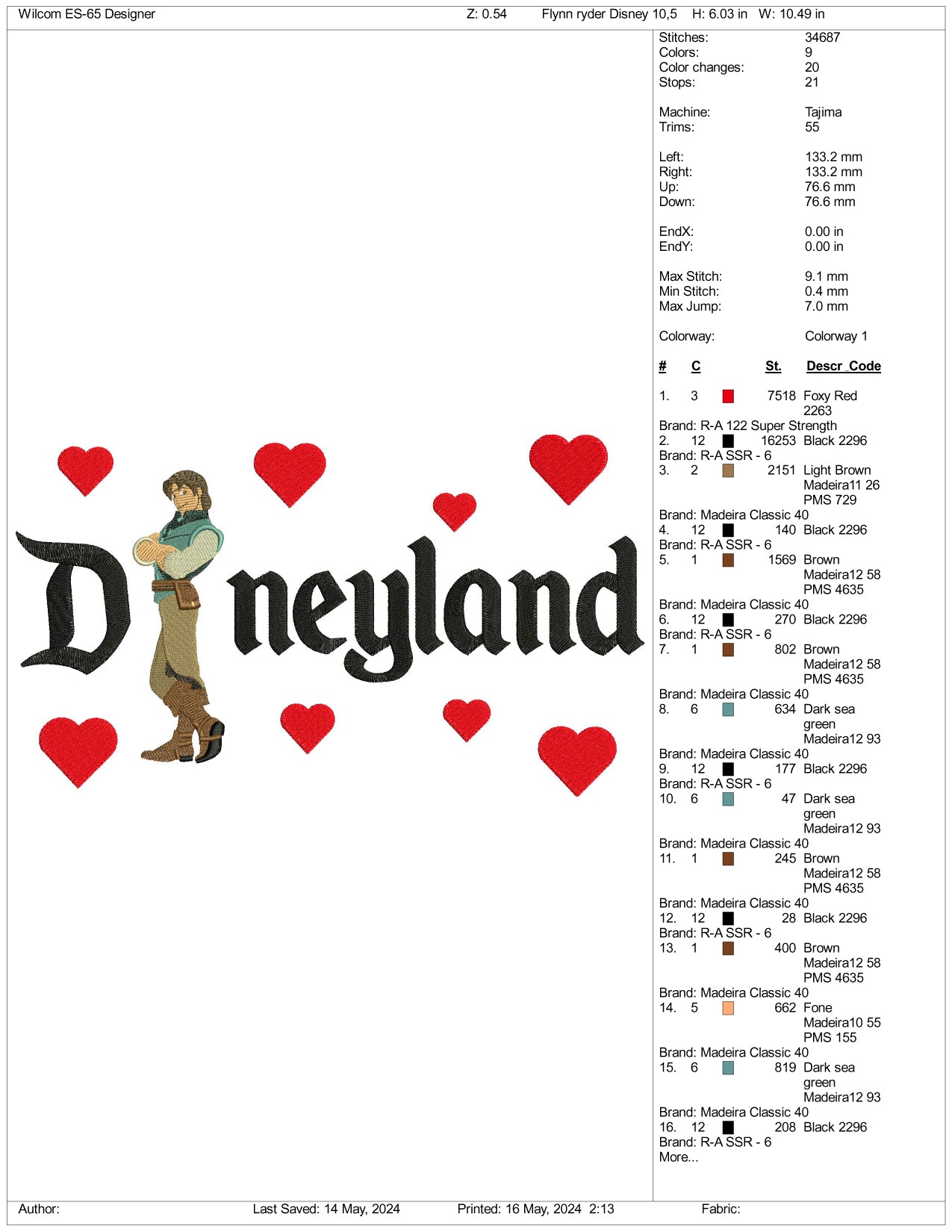 Flynn Rider v1 Disneyland Embroidery Design Files - 3 Sizes