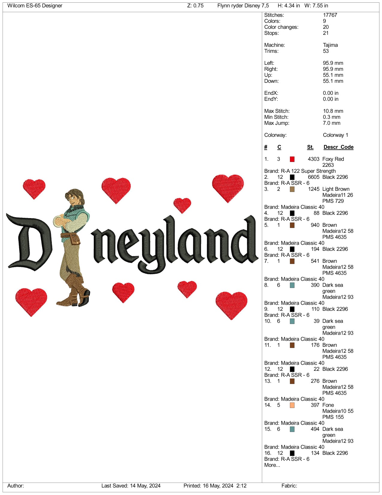 Flynn Rider v1 Disneyland Embroidery Design Files - 3 Sizes