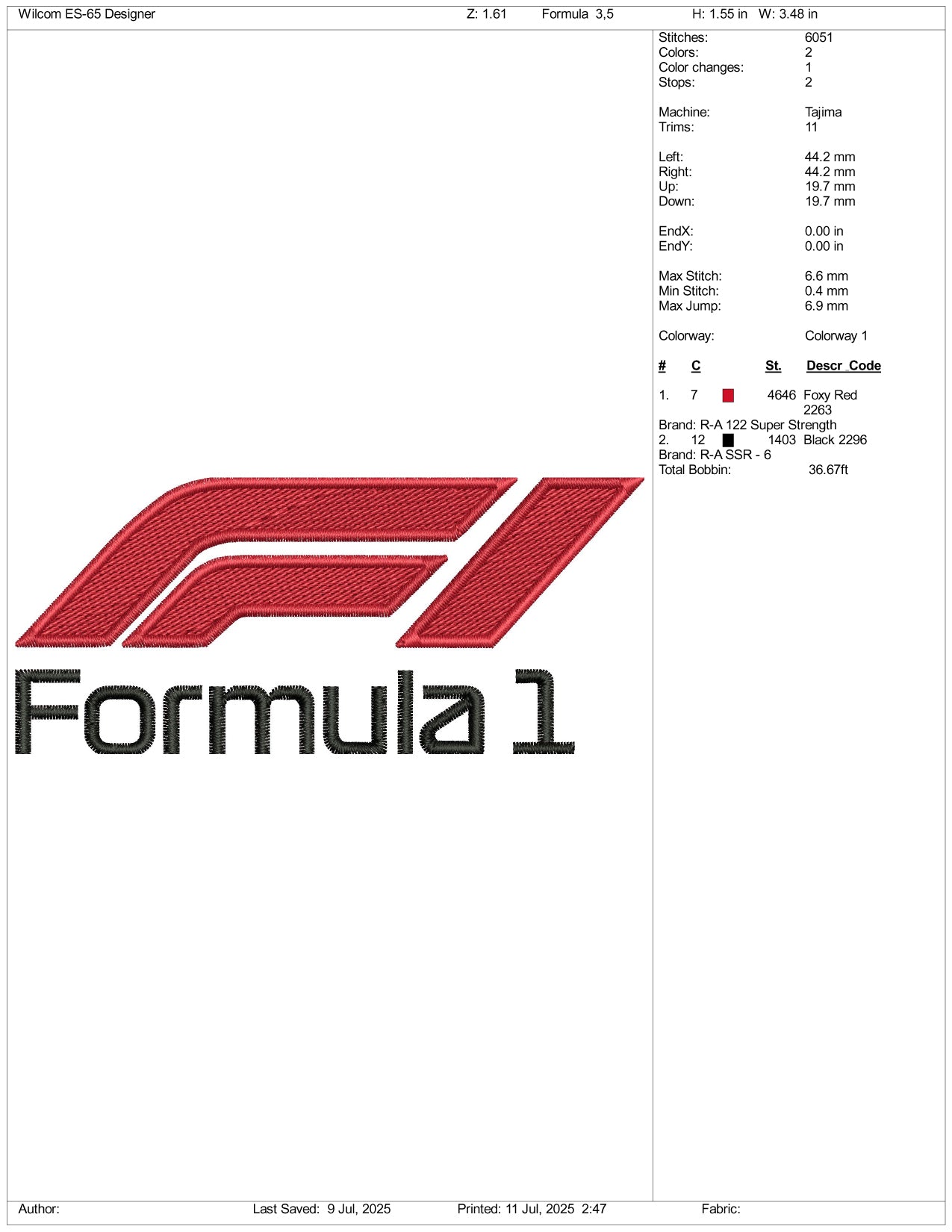Formula F1 Logo Embroidery Design Files - 3 Size's