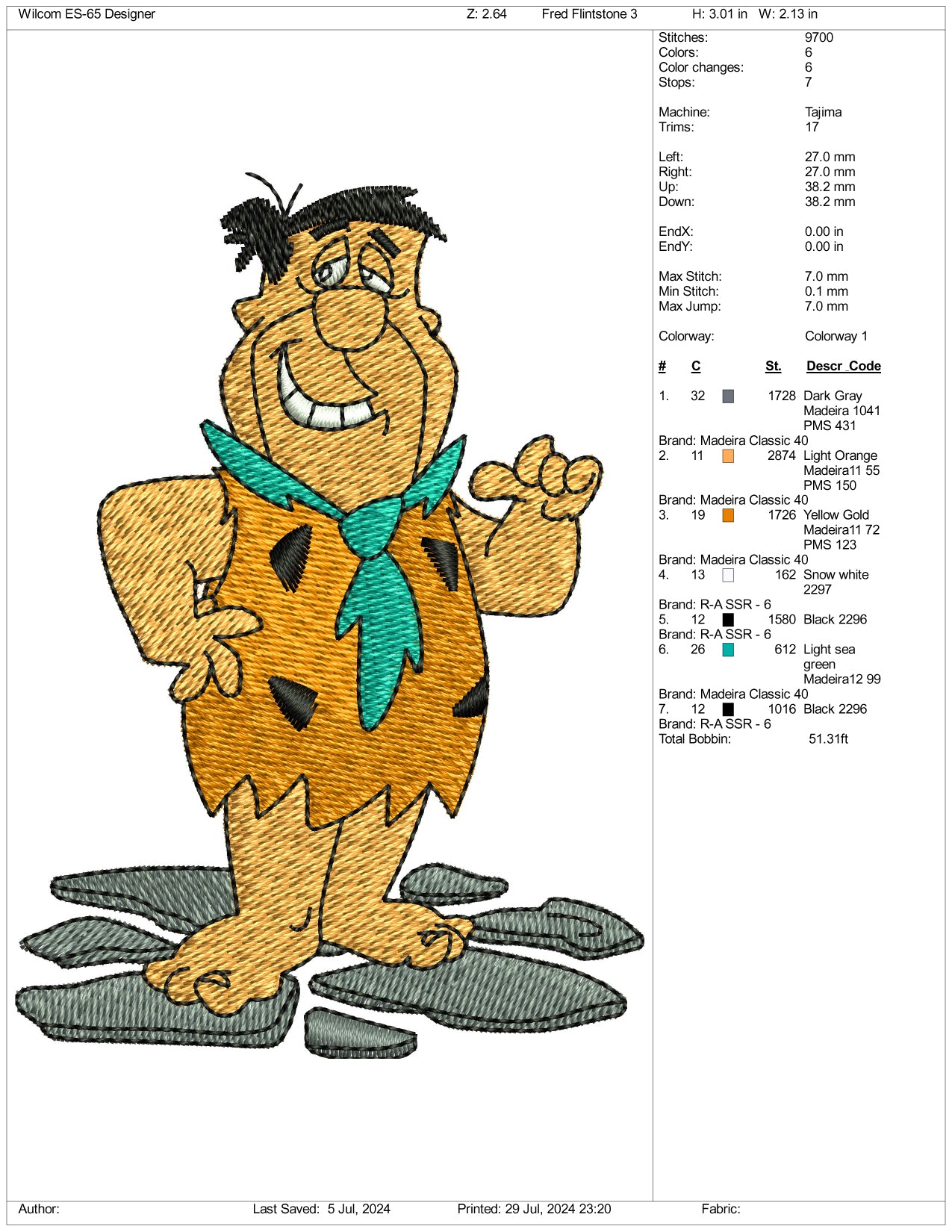 Fred Flintstone Embroidery Design Files - 3 Size's