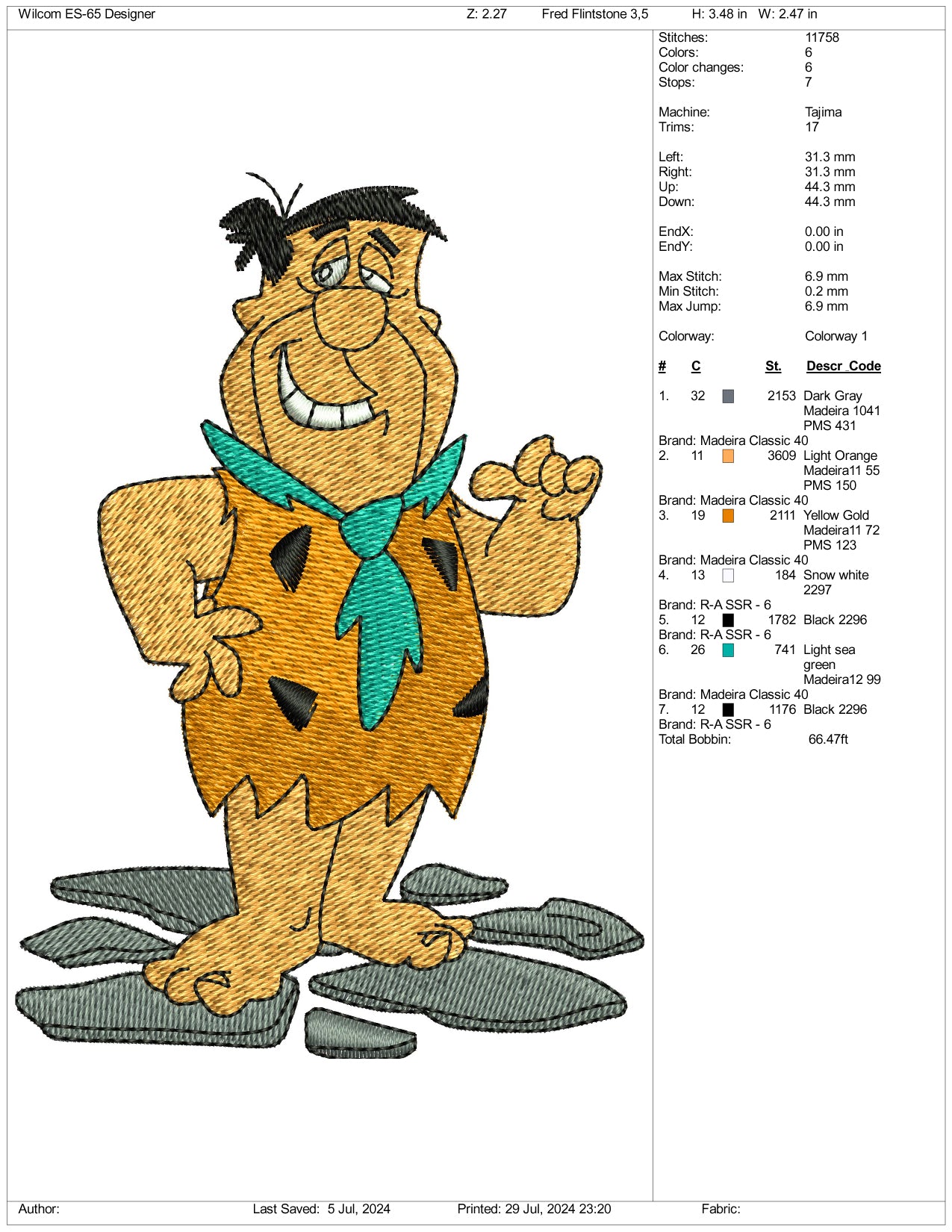 Fred Flintstone Embroidery Design Files - 3 Size's