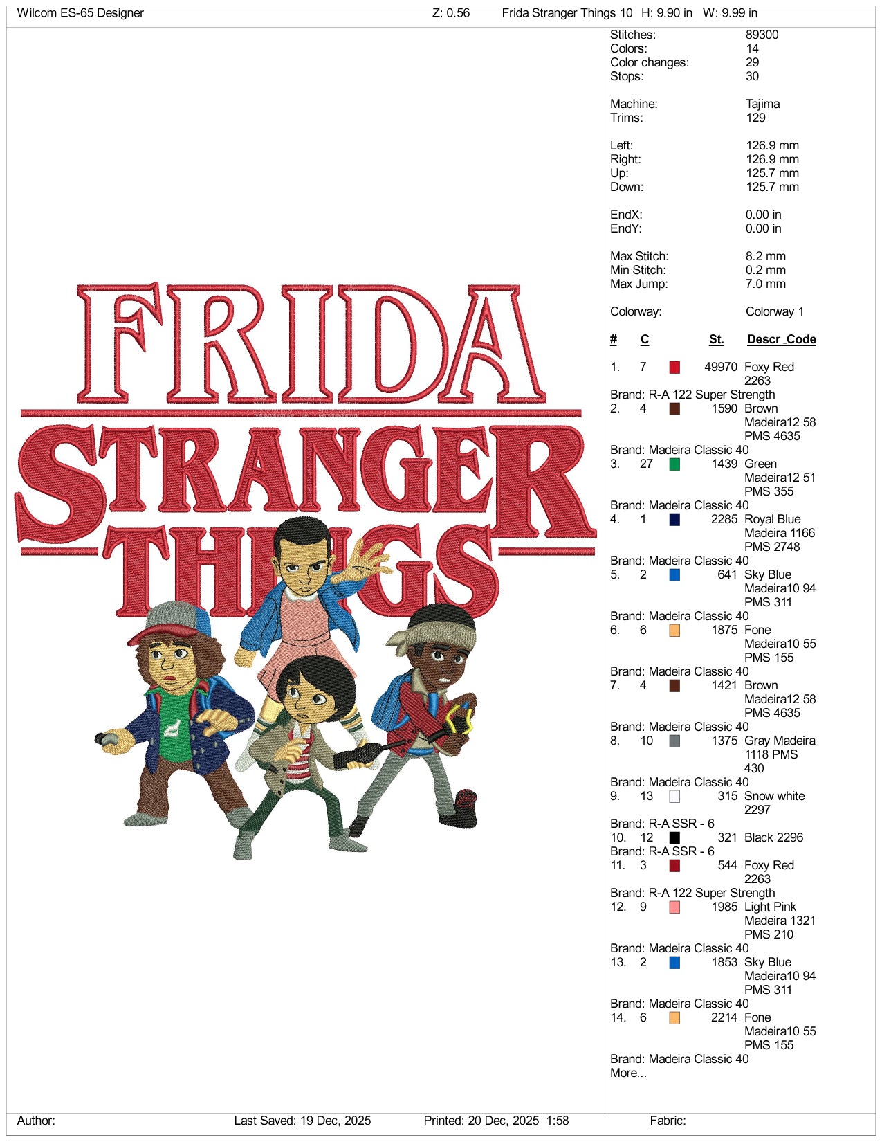 Frida Stranger Things Embroidery Design Files - 3 Size's
