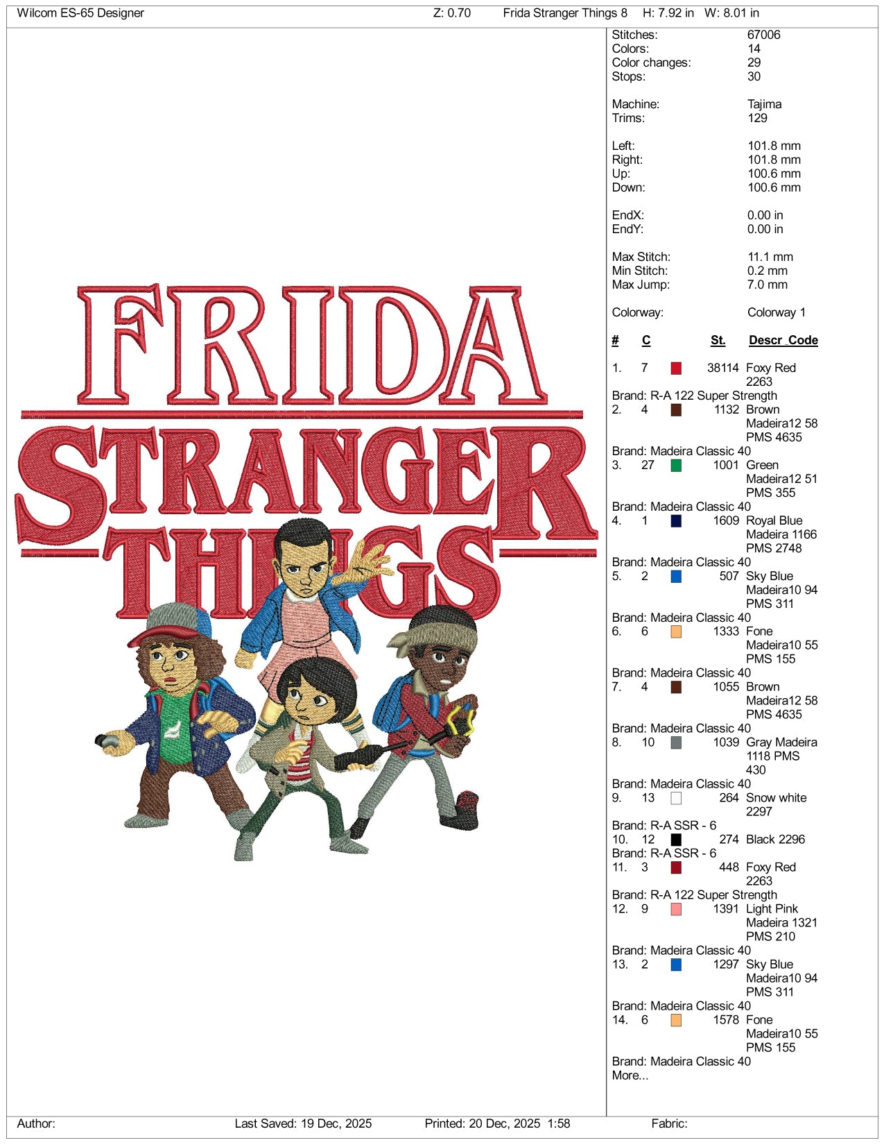 Frida Stranger Things Embroidery Design Files - 3 Size's