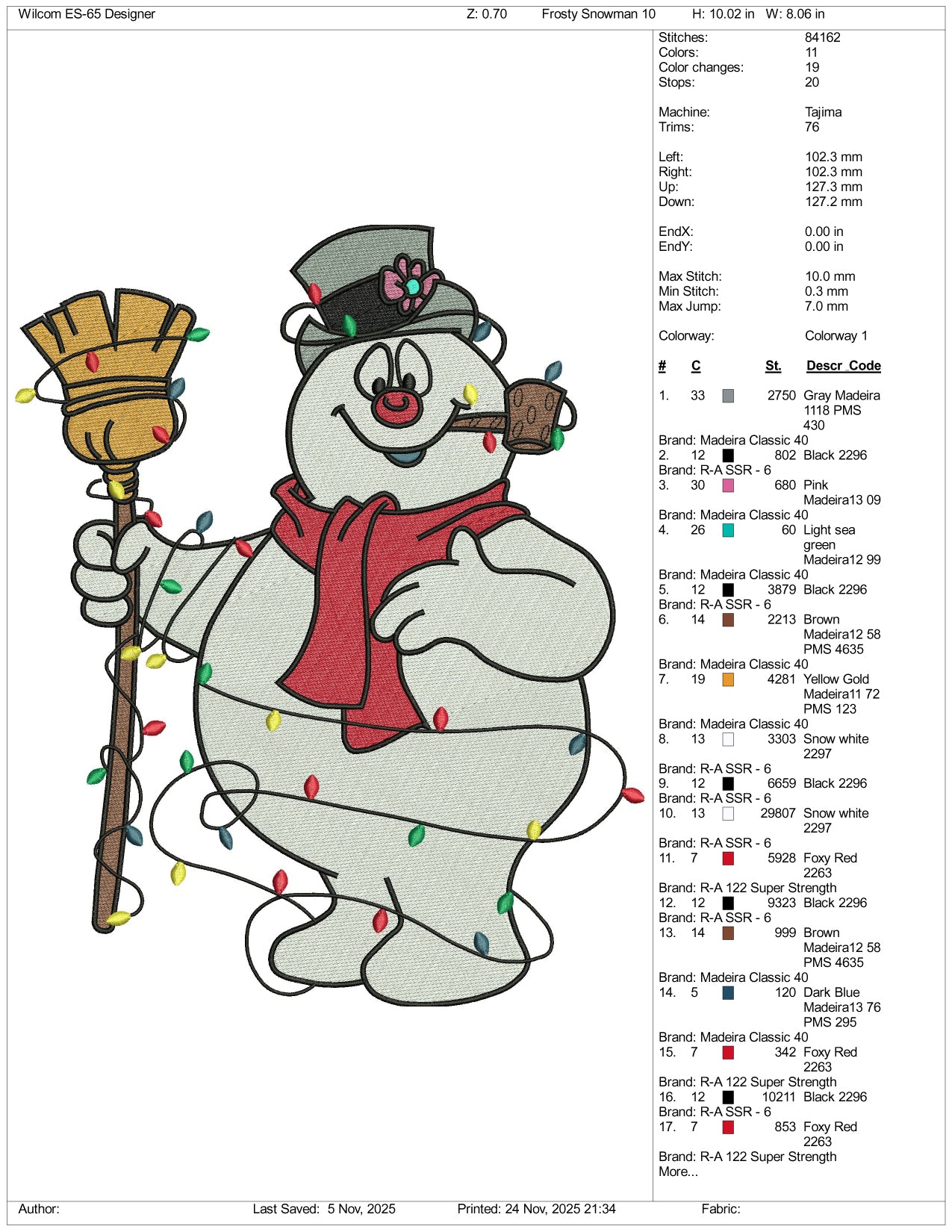 Frosty the Snowman Embroidery Design Files - 3 Size's