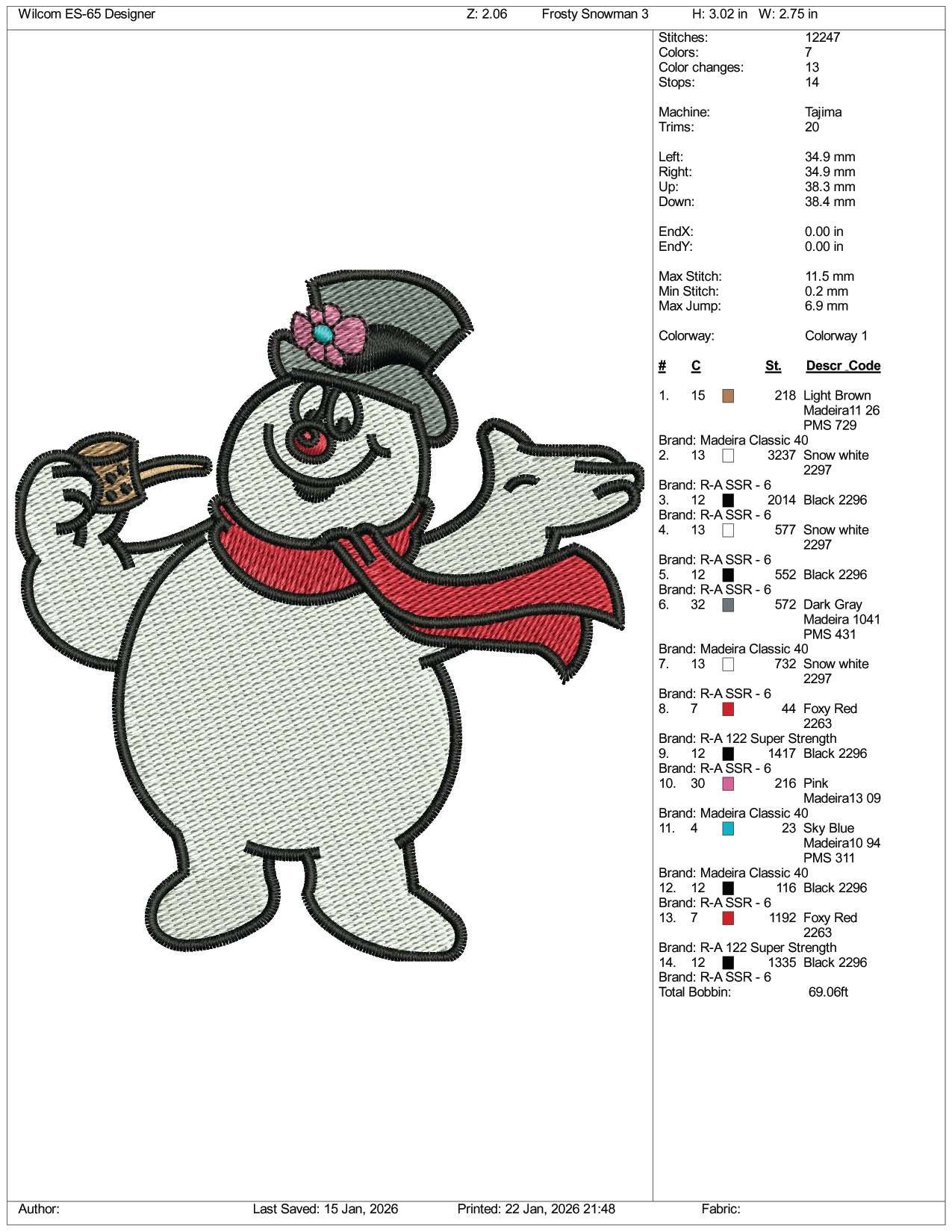 Frosty the Snowman v2 Embroidery Design Files - 3 Size's