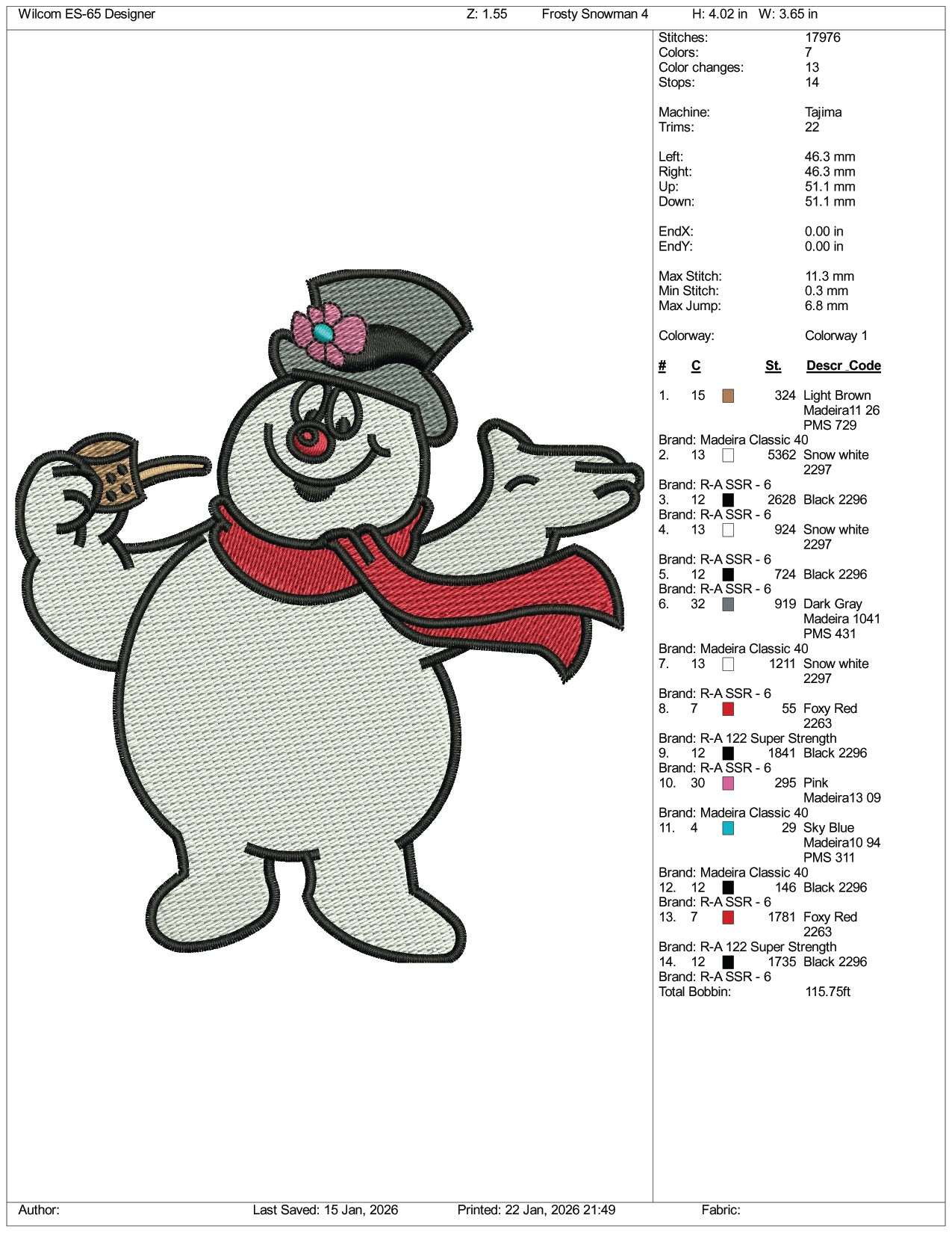 Frosty the Snowman v2 Embroidery Design Files - 3 Size's