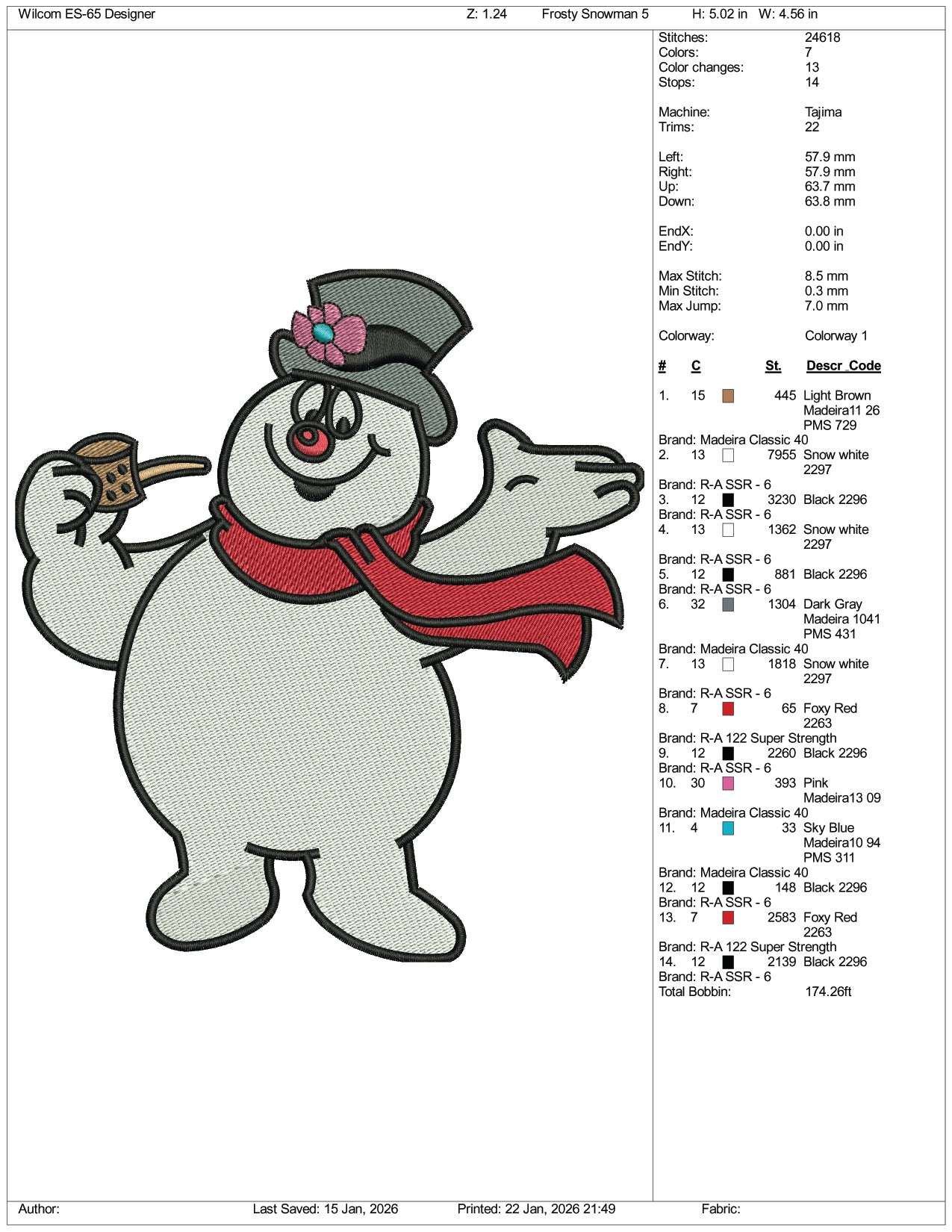 Frosty the Snowman v2 Embroidery Design Files - 3 Size's