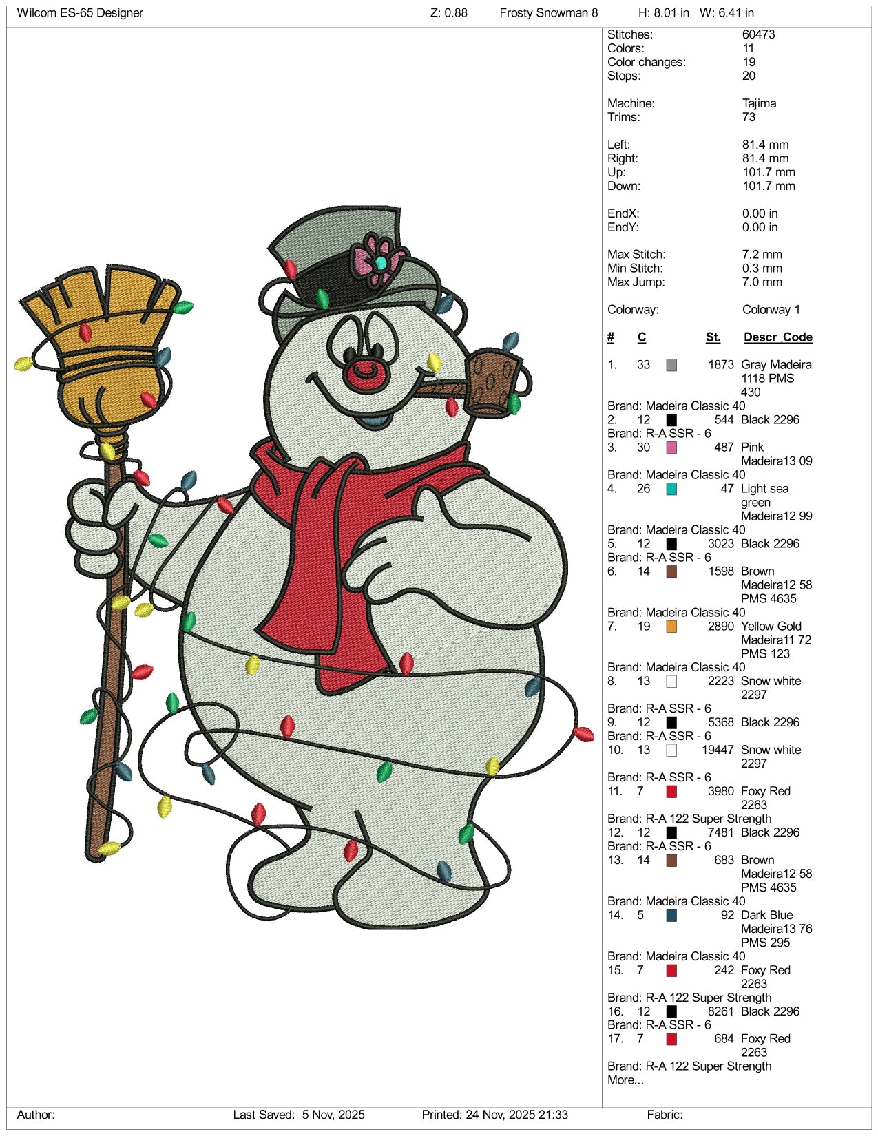 Frosty the Snowman Embroidery Design Files - 3 Size's
