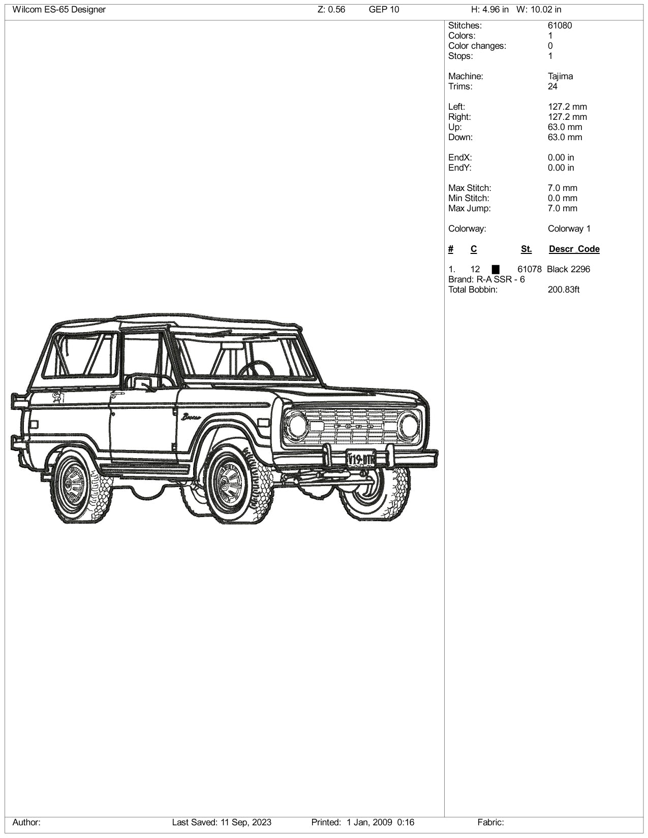 Ford Bronco Line Art Embroidery Design Files - 3 Size's