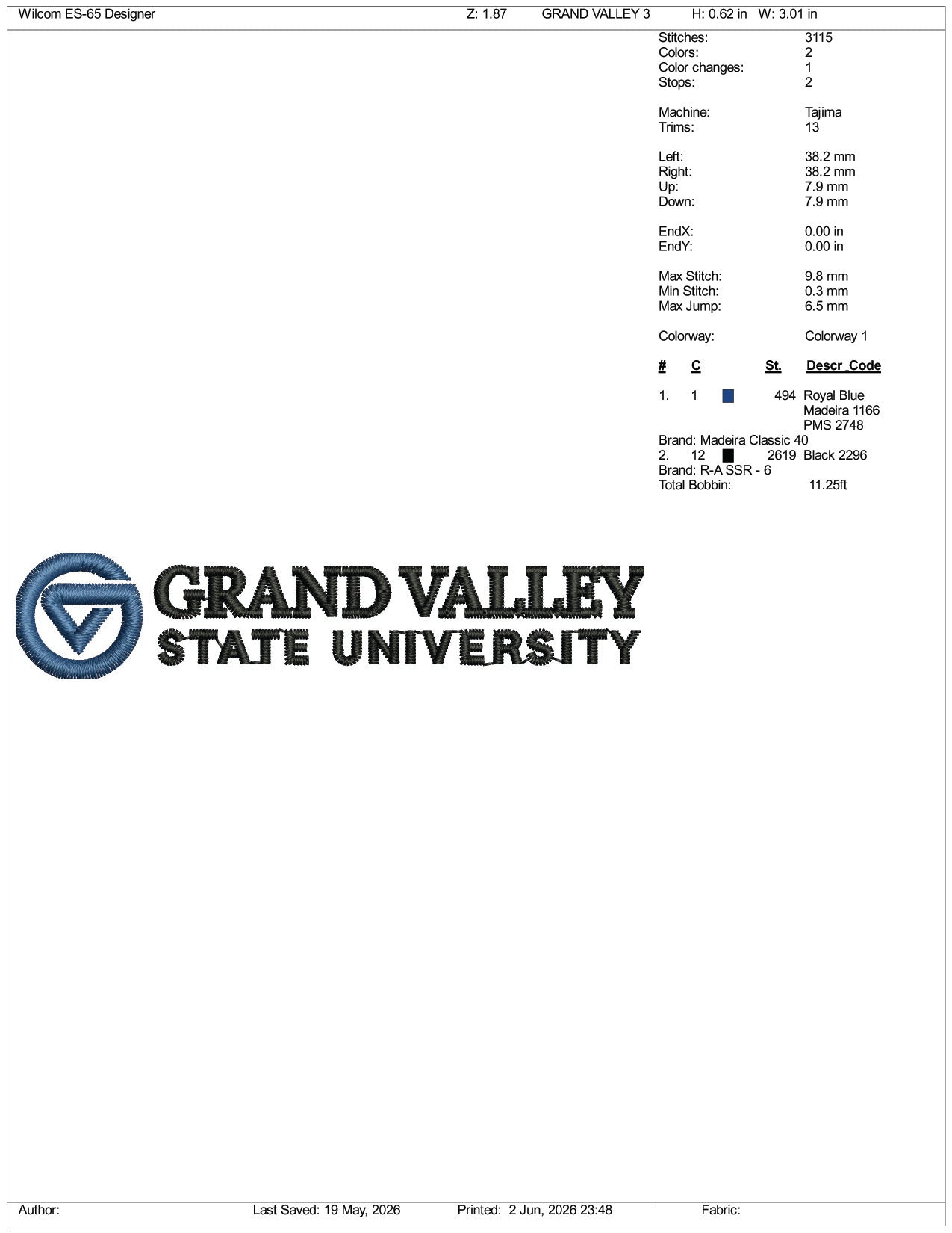 Grand Valley State University Logo Embroidery Design Files - 3 Size's